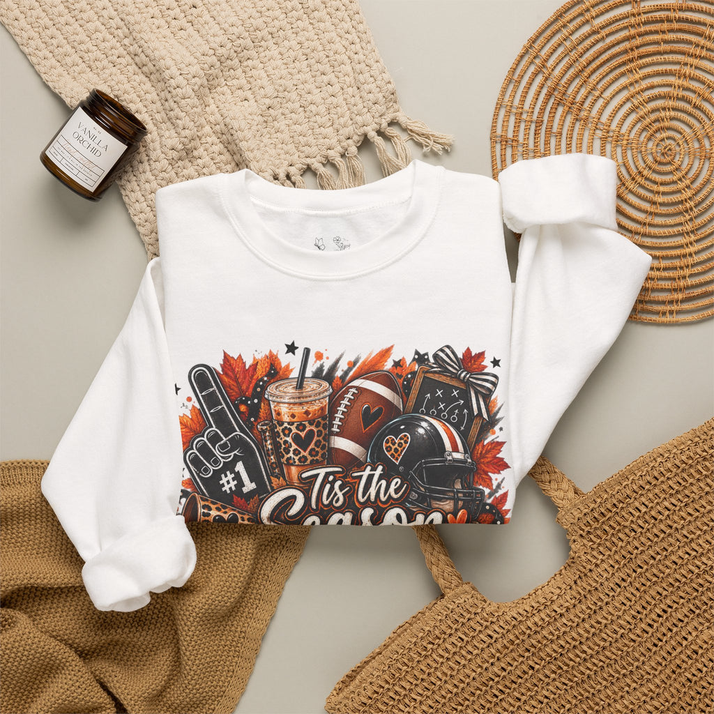 Tis the Season Fall Sweatshirt - Cozy Autumn Leaves & Football Crewneck