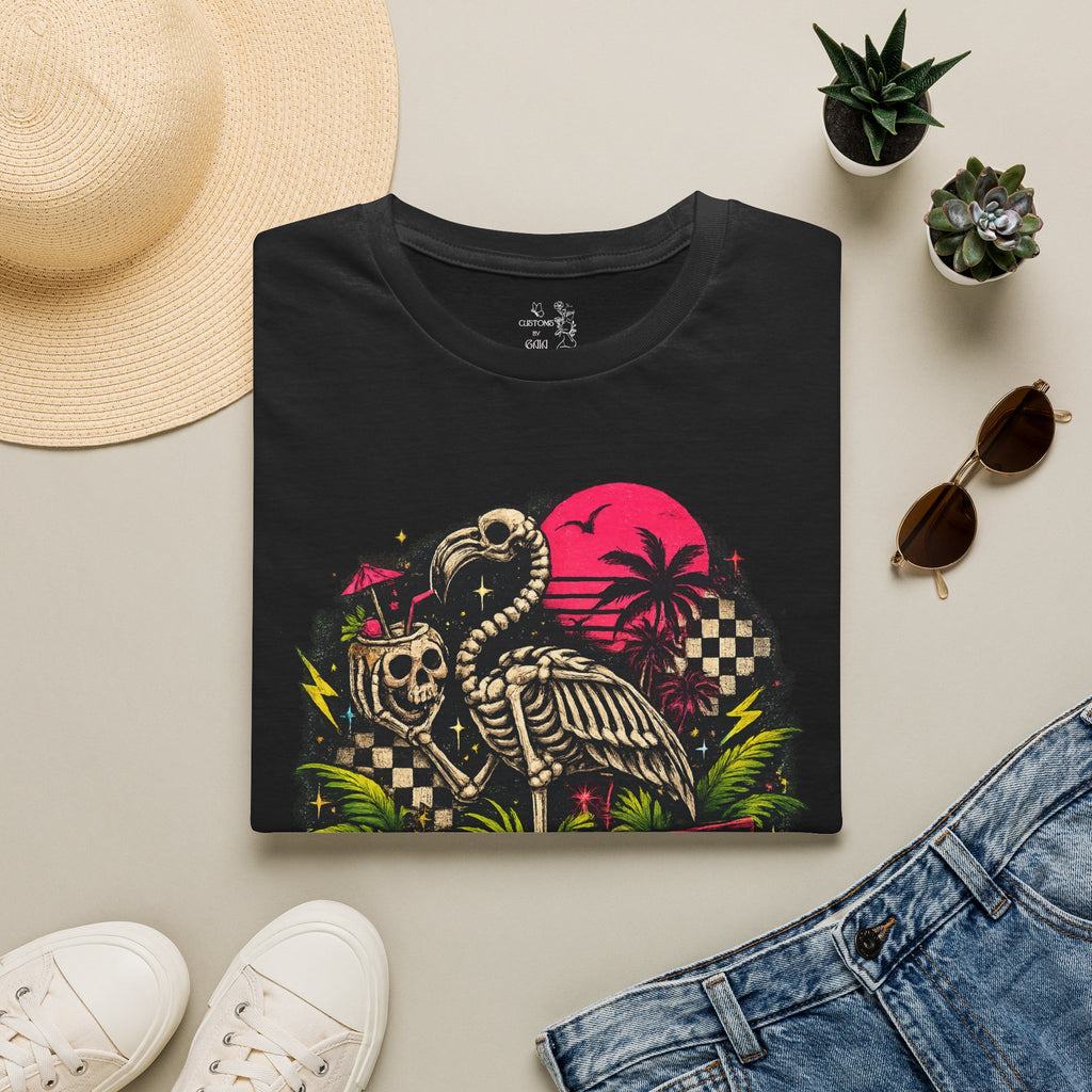 Spooky Salty Beach T-Shirt — Retro Skeleton Pelican Sunset Tee