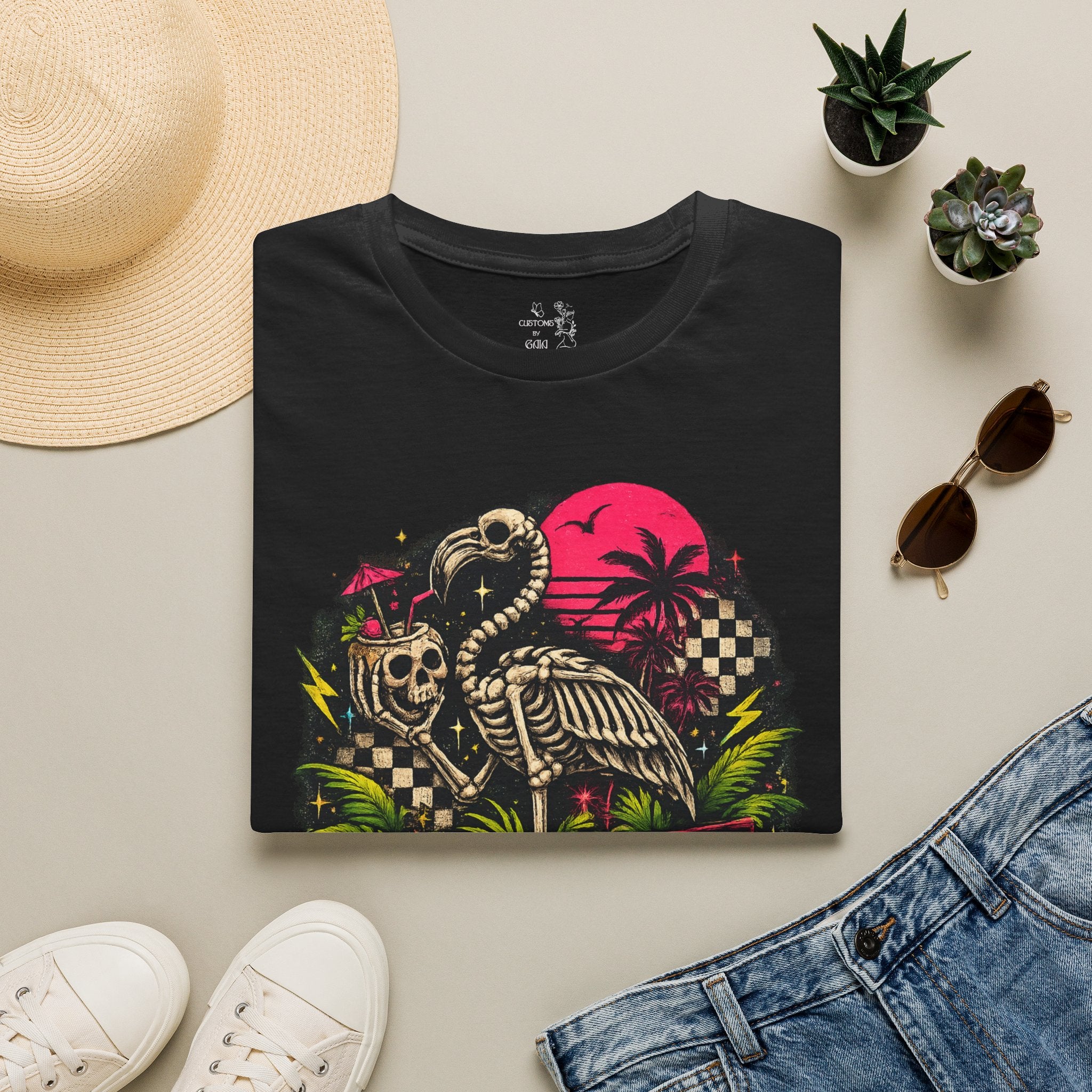 Spooky Salty Beach T-Shirt — Retro Skeleton Pelican Sunset Tee