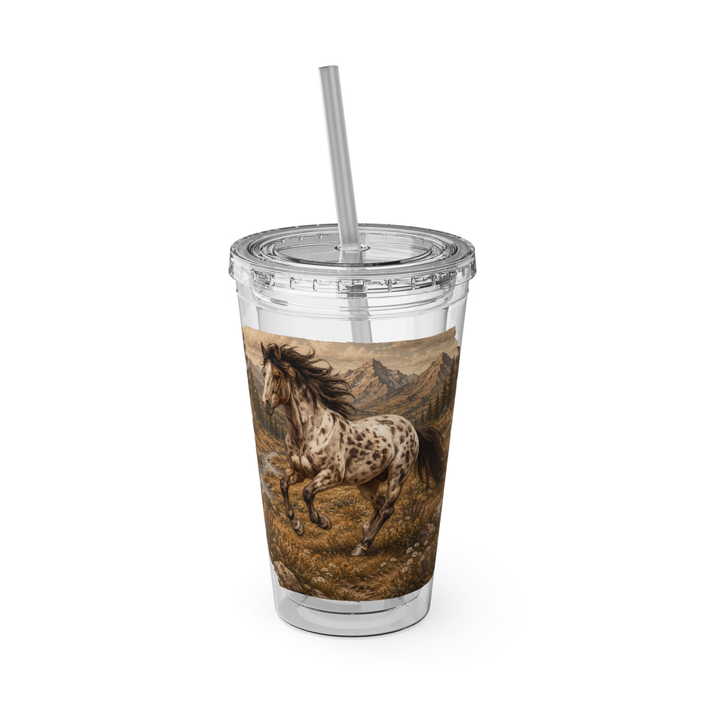 16oz Horse Sunset Tumbler with Straw — Mountain Trail Sunsplash Design