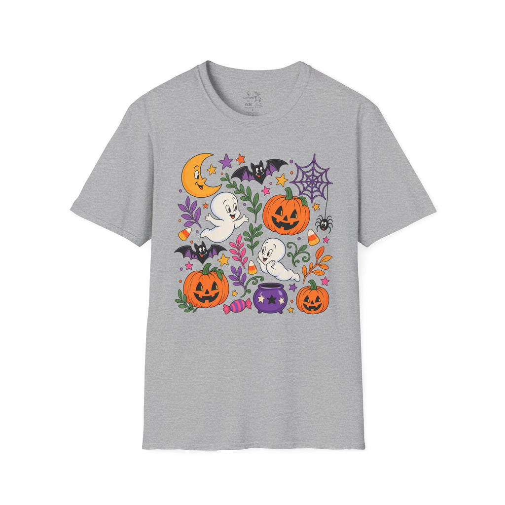 Cute Halloween T-Shirt — Friendly Ghosts, Pumpkins & Bats Graphic