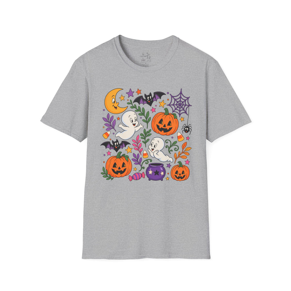 Cute Halloween T-Shirt — Friendly Ghosts, Pumpkins & Bats Graphic