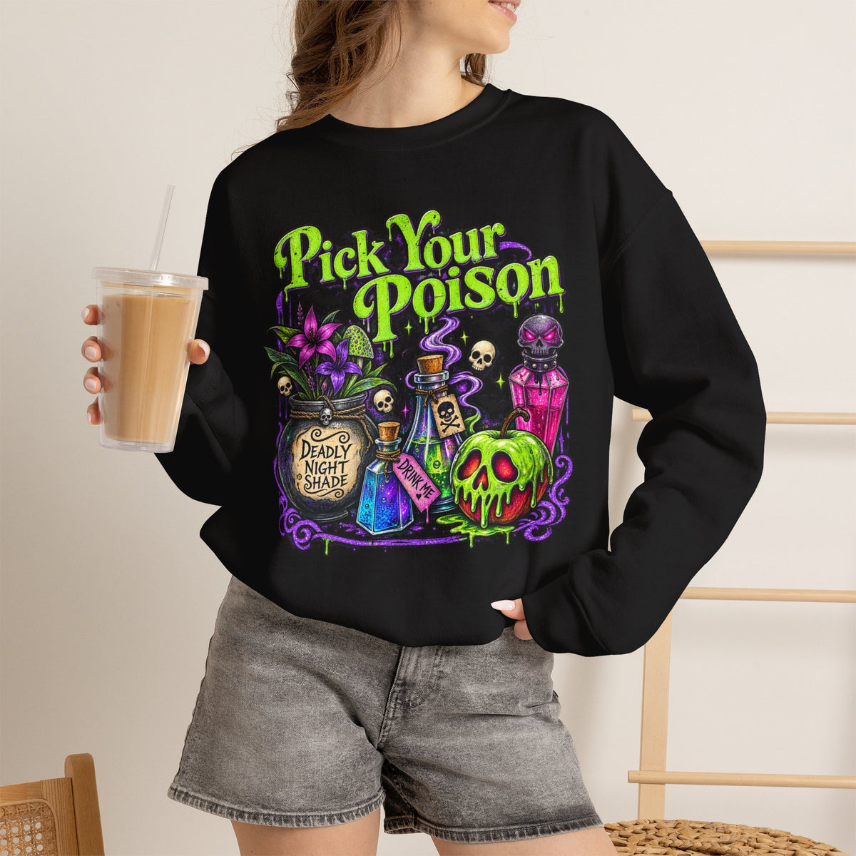 Sweatshirt — "Pick Your Poison" Halloween Potion Graphic Crewneck
