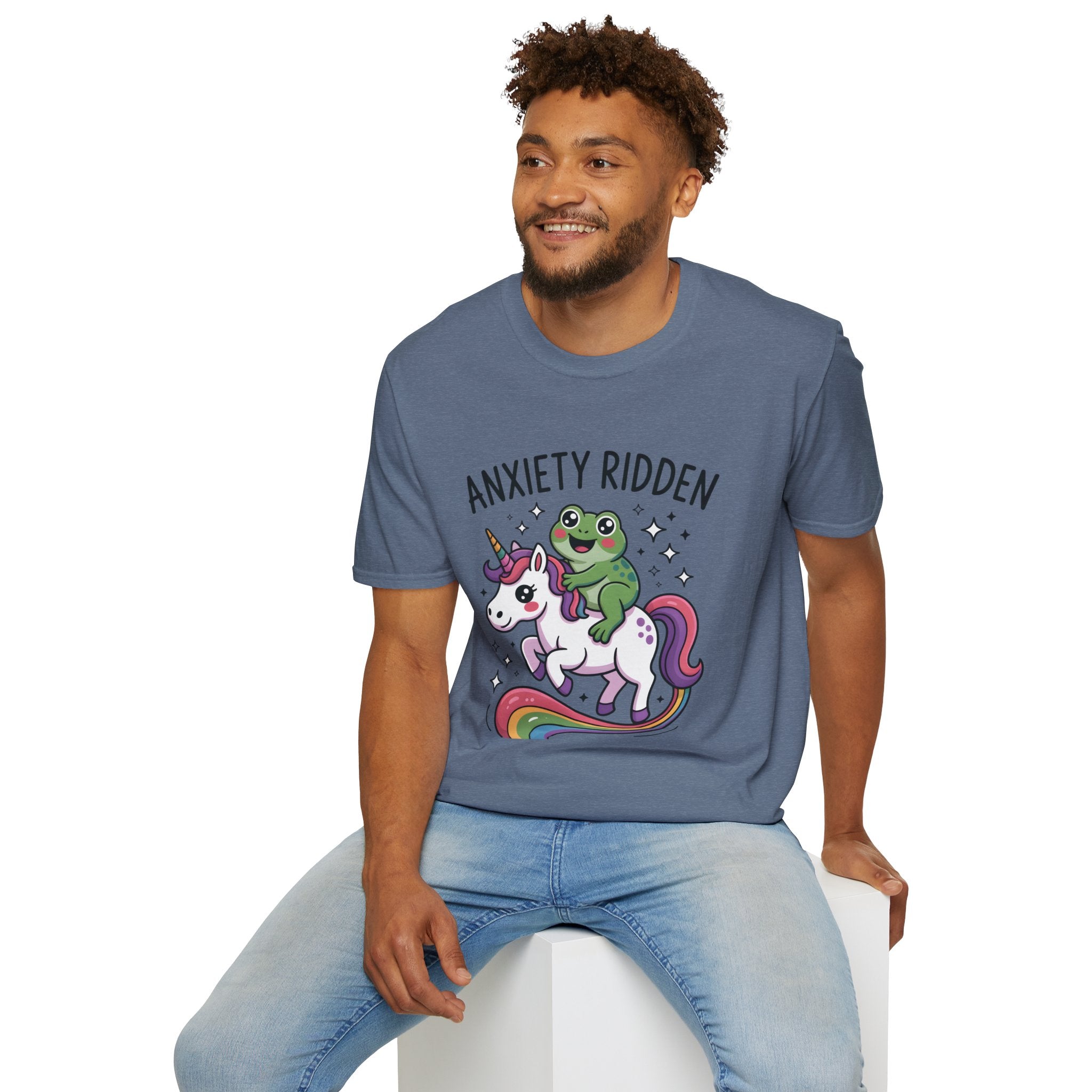 Anxiety Ridden Frog on Unicorn T-Shirt — Cute Mental Health Awareness Graphic Tee