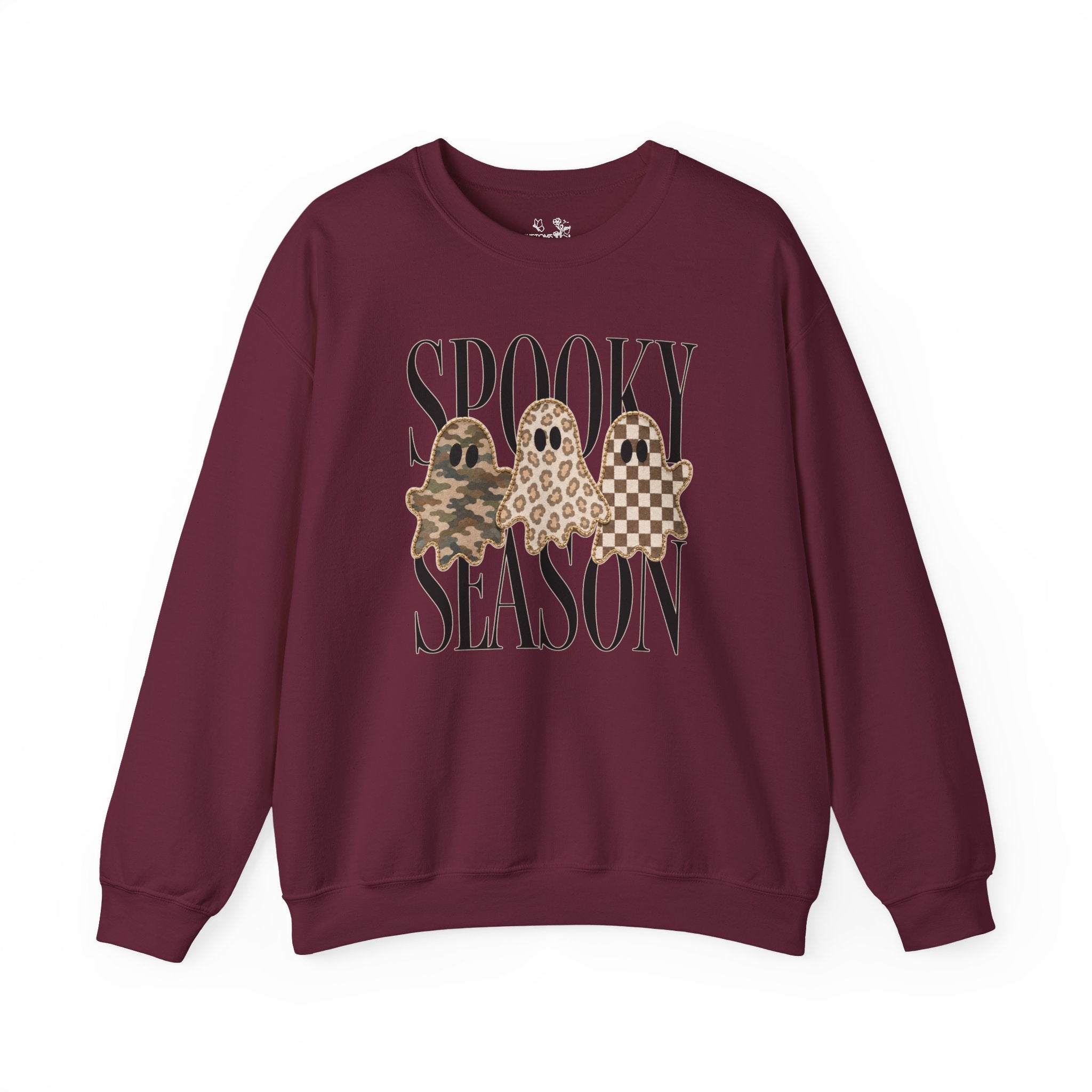 Spooky Season Ghosts Sweatshirt — Neutral Plaid & Camo Halloween Crewneck