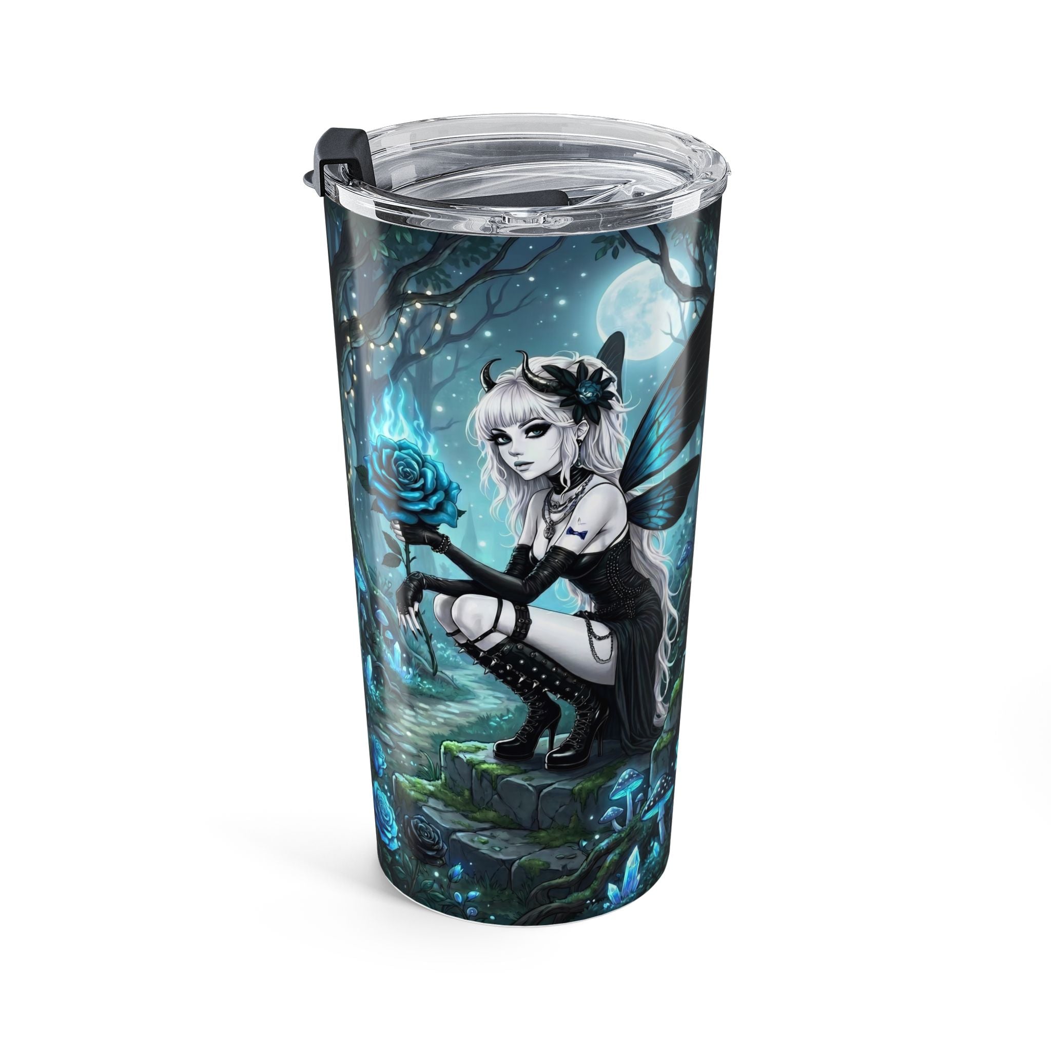 20oz Blue Fantasy Woodland Tumbler — Mystic Tree, Roses & Butterflies Travel Cup