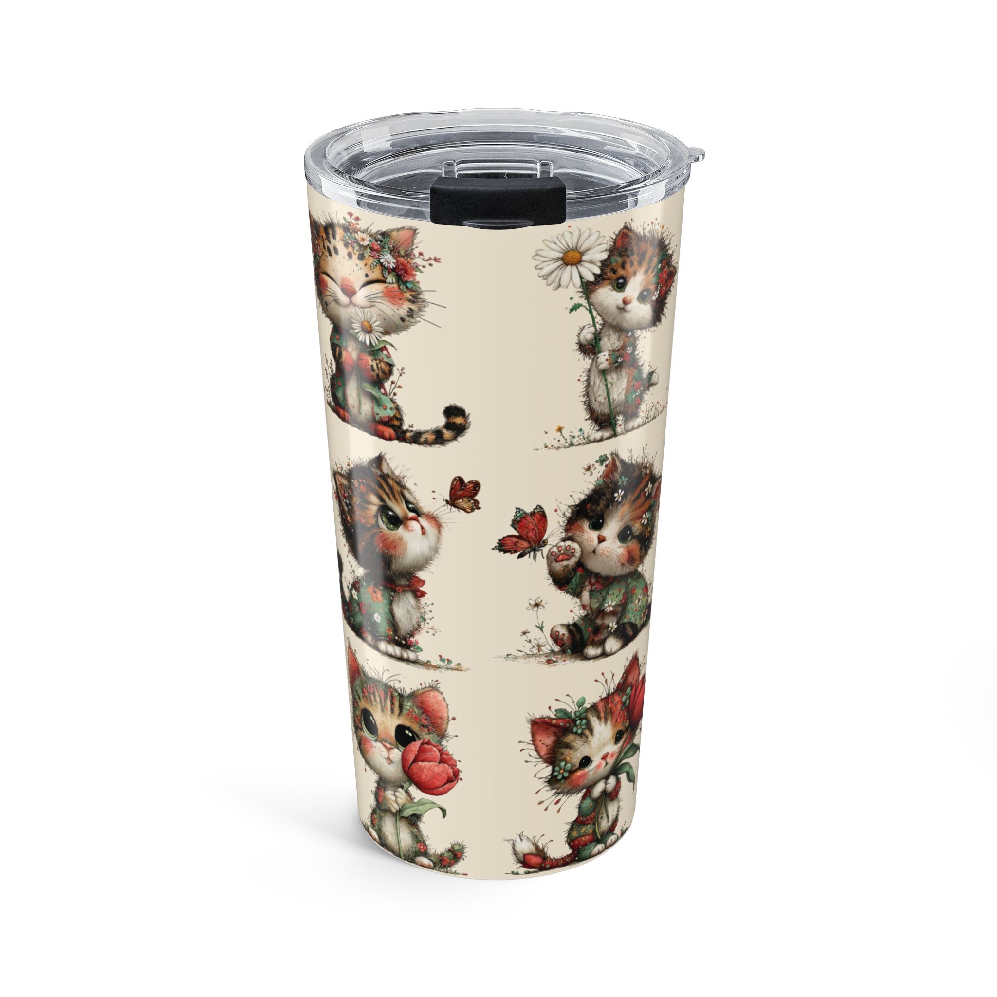 Copy of 20oz Whimsical Cat Floral Tumbler — Cute Vintage Kittens Travel Cup - Beige