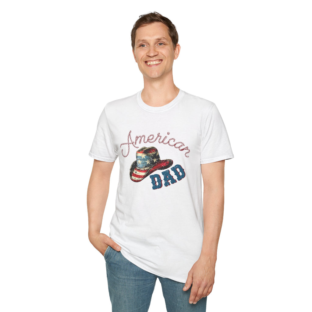 Patriotic “American Dad” Tee — Vintage Flag Cowboy Hat Dad T-Shirt
