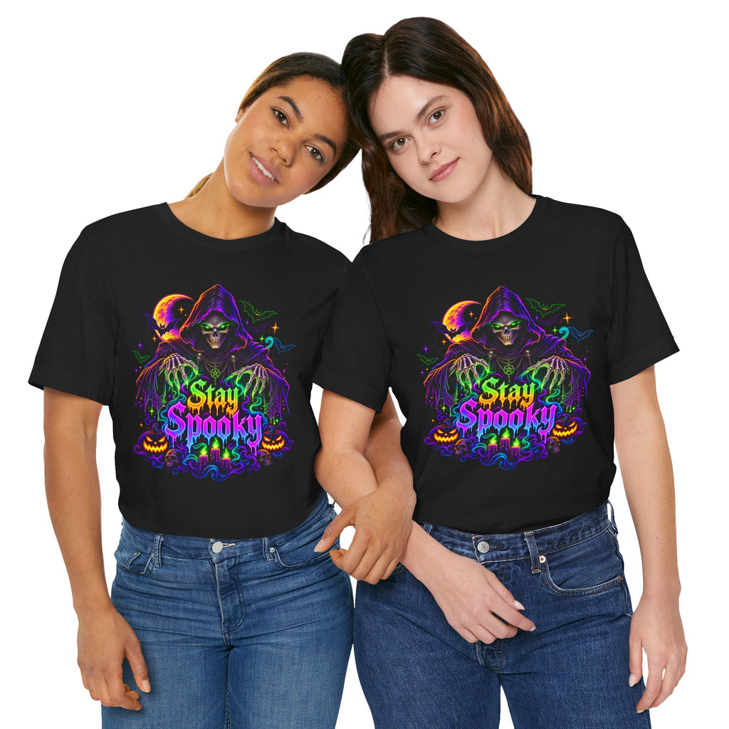 Stay Spooky Halloween Tee — Neon Grim Reaper & Haunted Castle Graphic T-Shirt