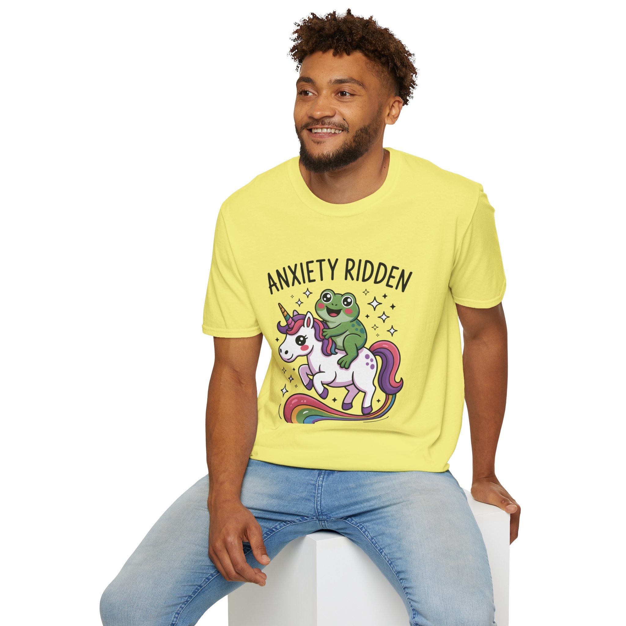 Anxiety Ridden Frog on Unicorn T-Shirt — Cute Mental Health Awareness Graphic Tee