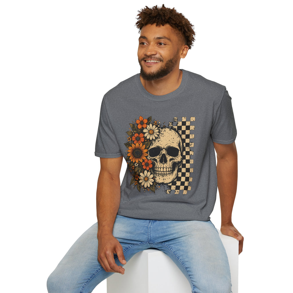 Floral Skull T-Shirt – Gothic Sunflower Checkerboard Design