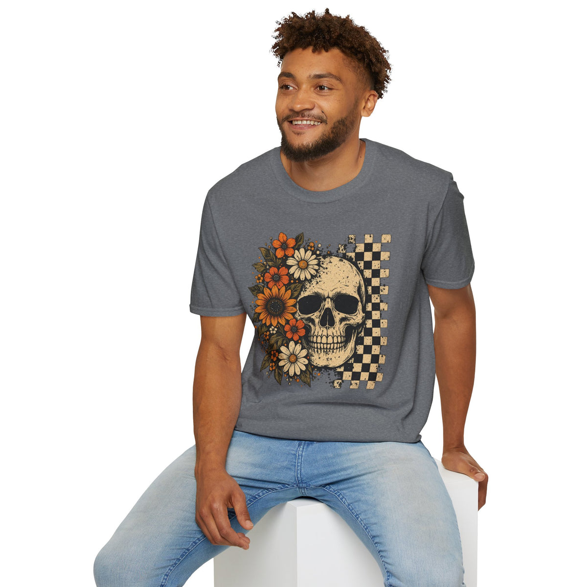 Floral Skull T-Shirt – Gothic Sunflower Checkerboard Design