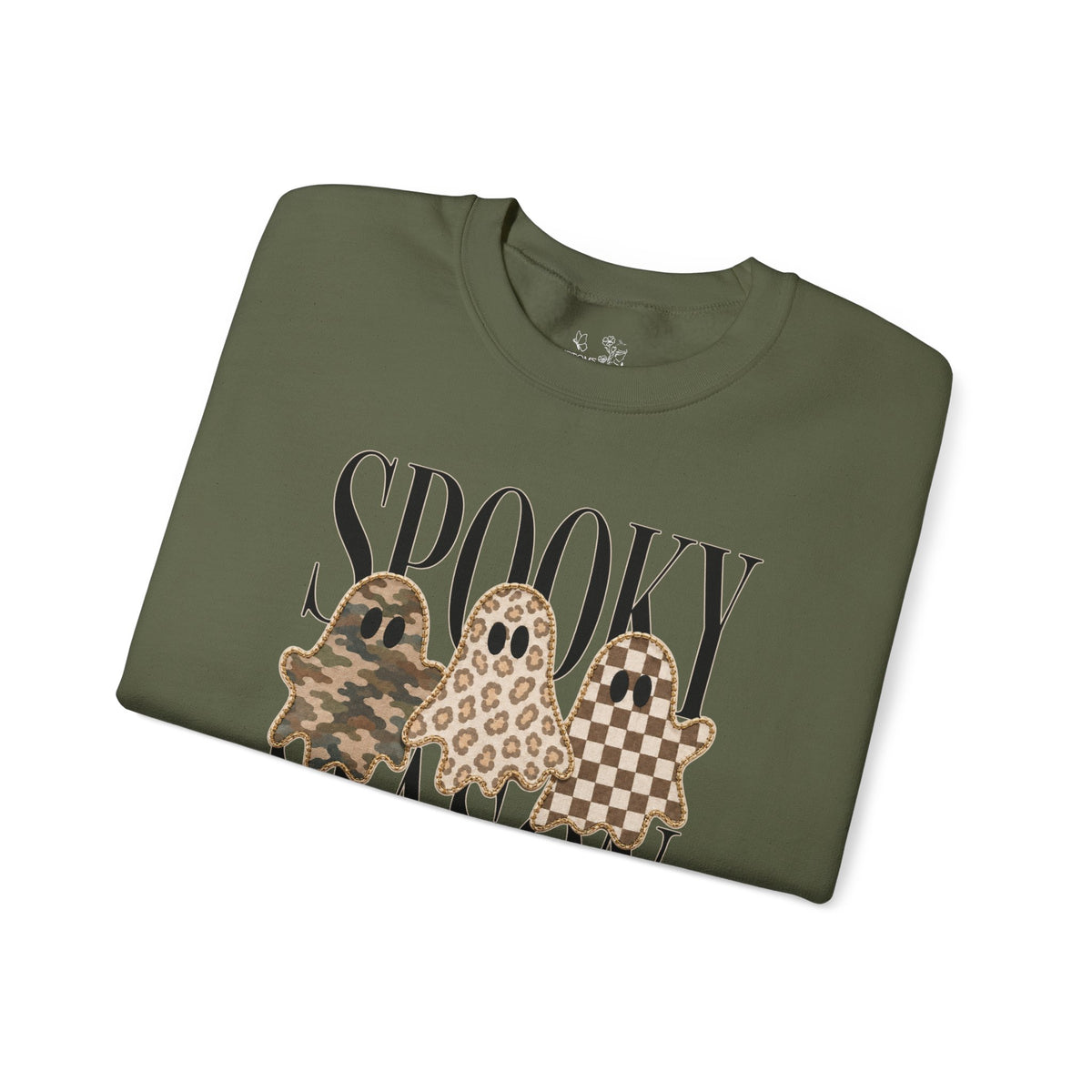 Spooky Season Ghosts Sweatshirt — Neutral Plaid & Camo Halloween Crewneck