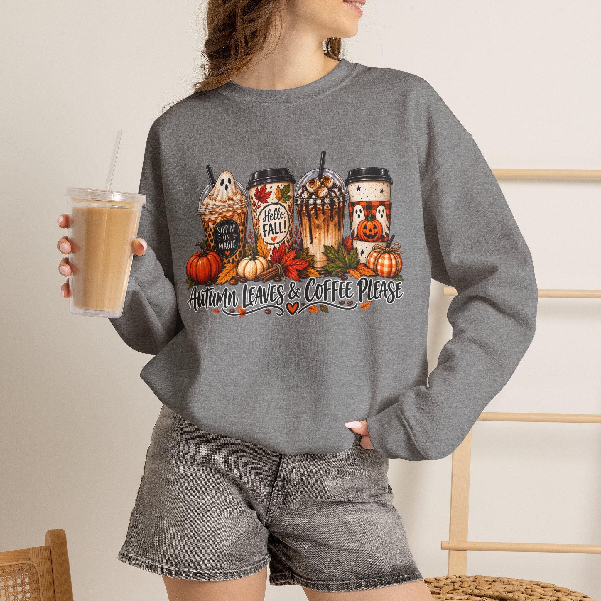 Autumn Leaves & Coffee Please Sweatshirt — Cozy Fall Coffee Crewneck