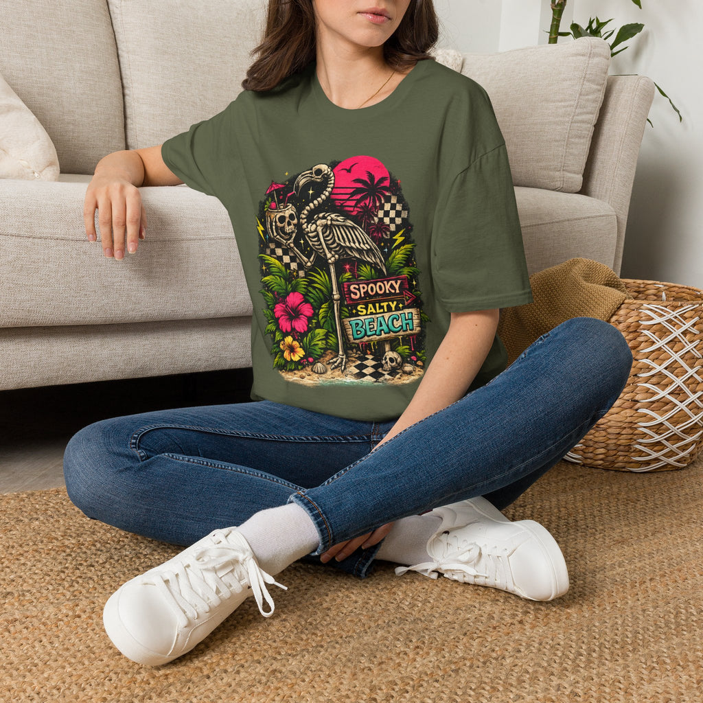 Spooky Salty Beach T-Shirt — Retro Skeleton Pelican Sunset Tee