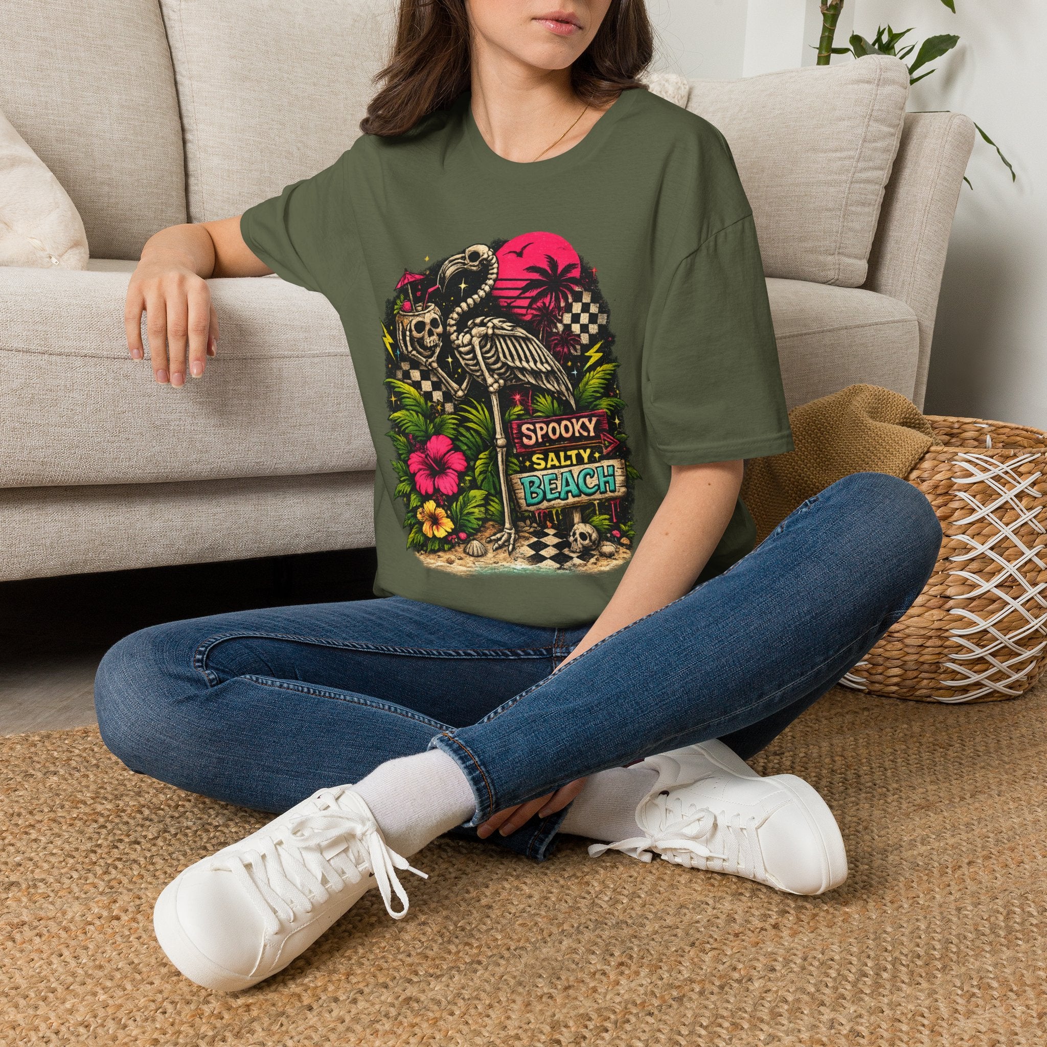 Spooky Salty Beach T-Shirt — Retro Skeleton Pelican Sunset Tee