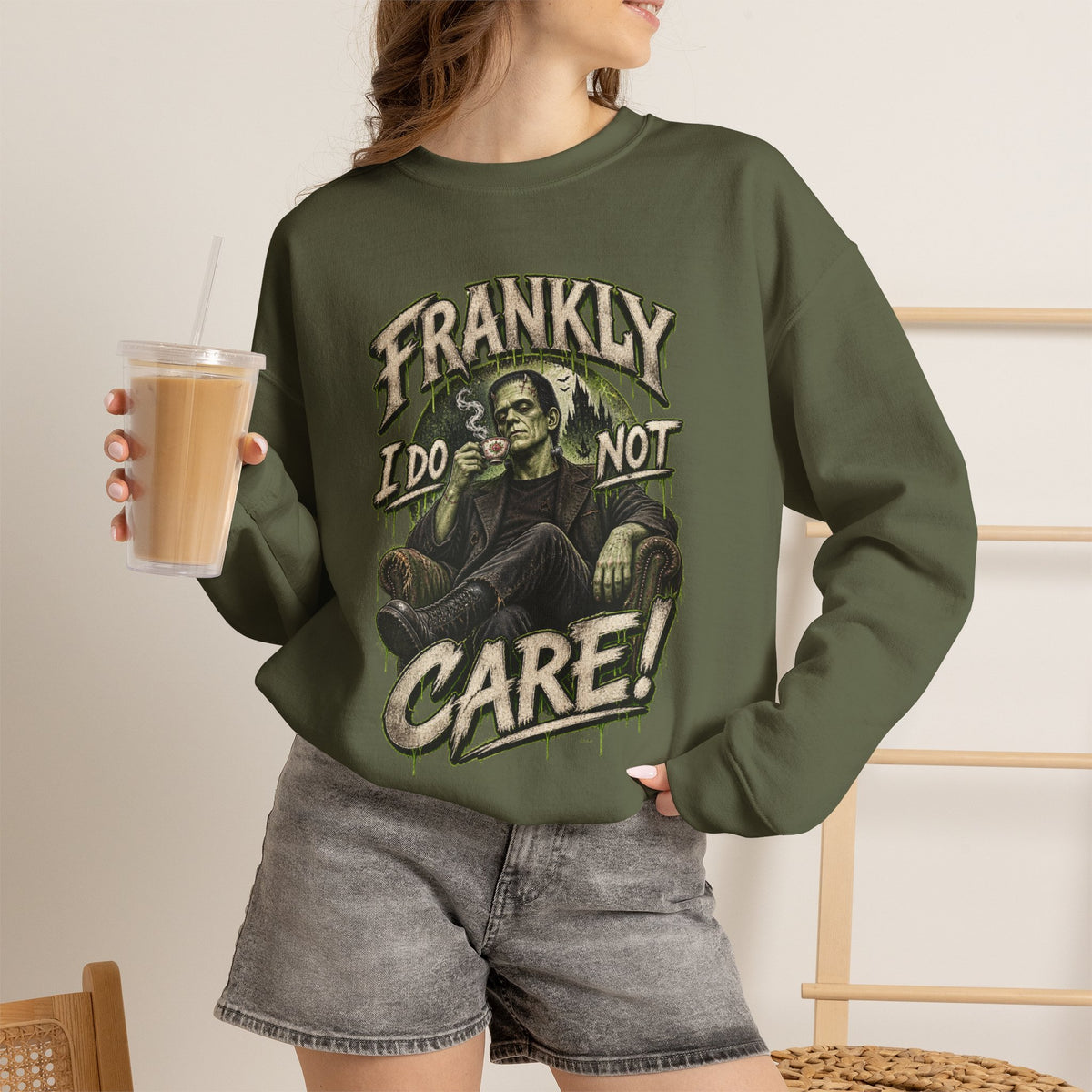 Sweatshirt — "Frankly I Do Not Care" Retro Gothic Skeleton Graphic Crewneck