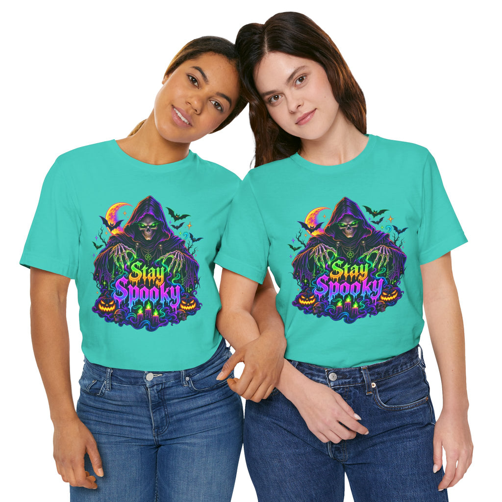 Stay Spooky Halloween Tee — Neon Grim Reaper & Haunted Castle Graphic T-Shirt