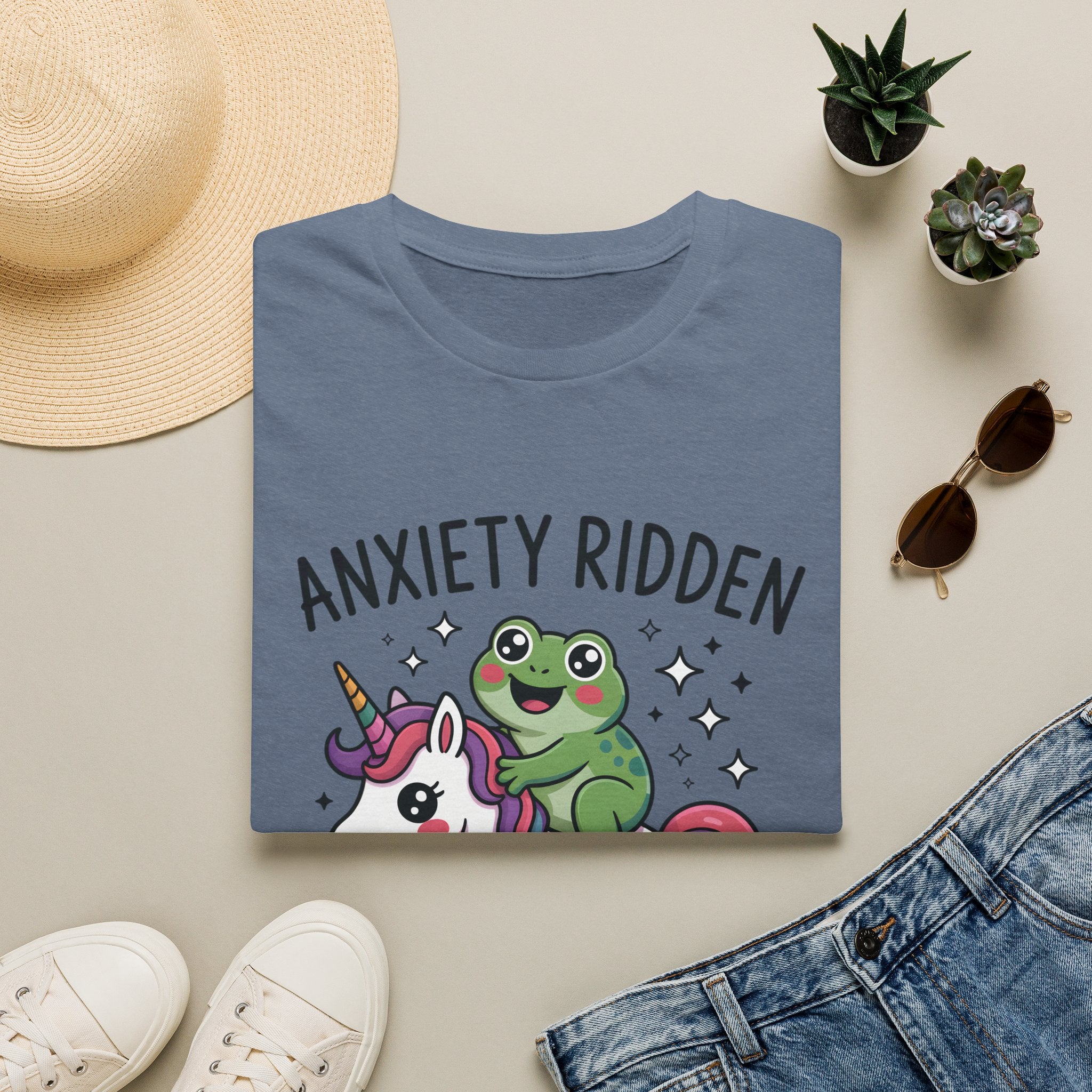 Anxiety Ridden Frog on Unicorn T-Shirt — Cute Mental Health Awareness Graphic Tee