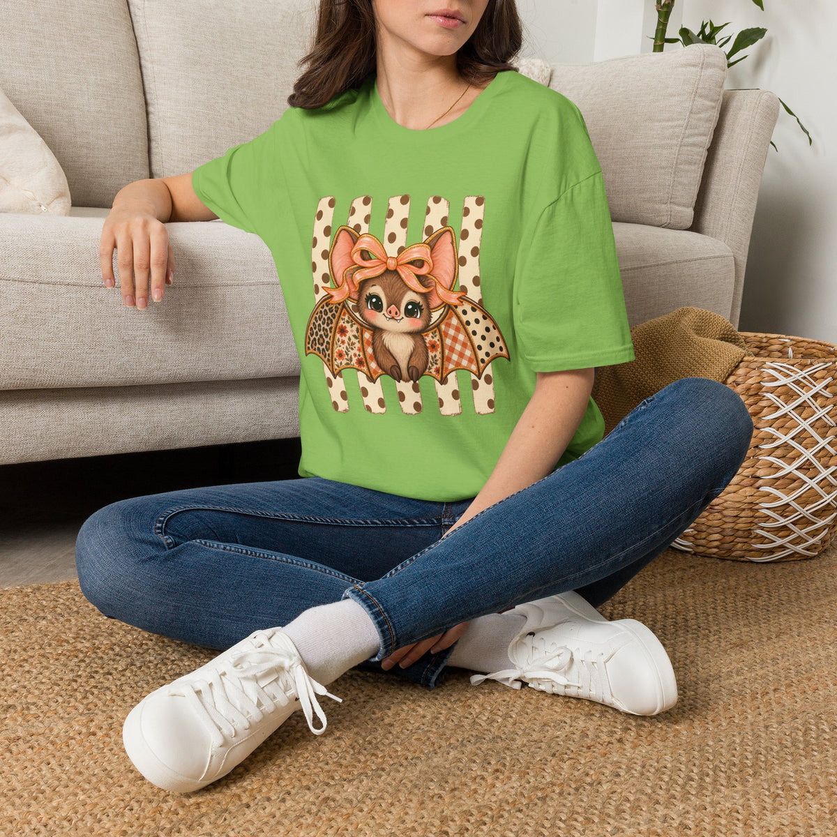 Cute Bat Tee — Adorable Bat with Bow Graphic T-Shirt (Leopard Striped Background)