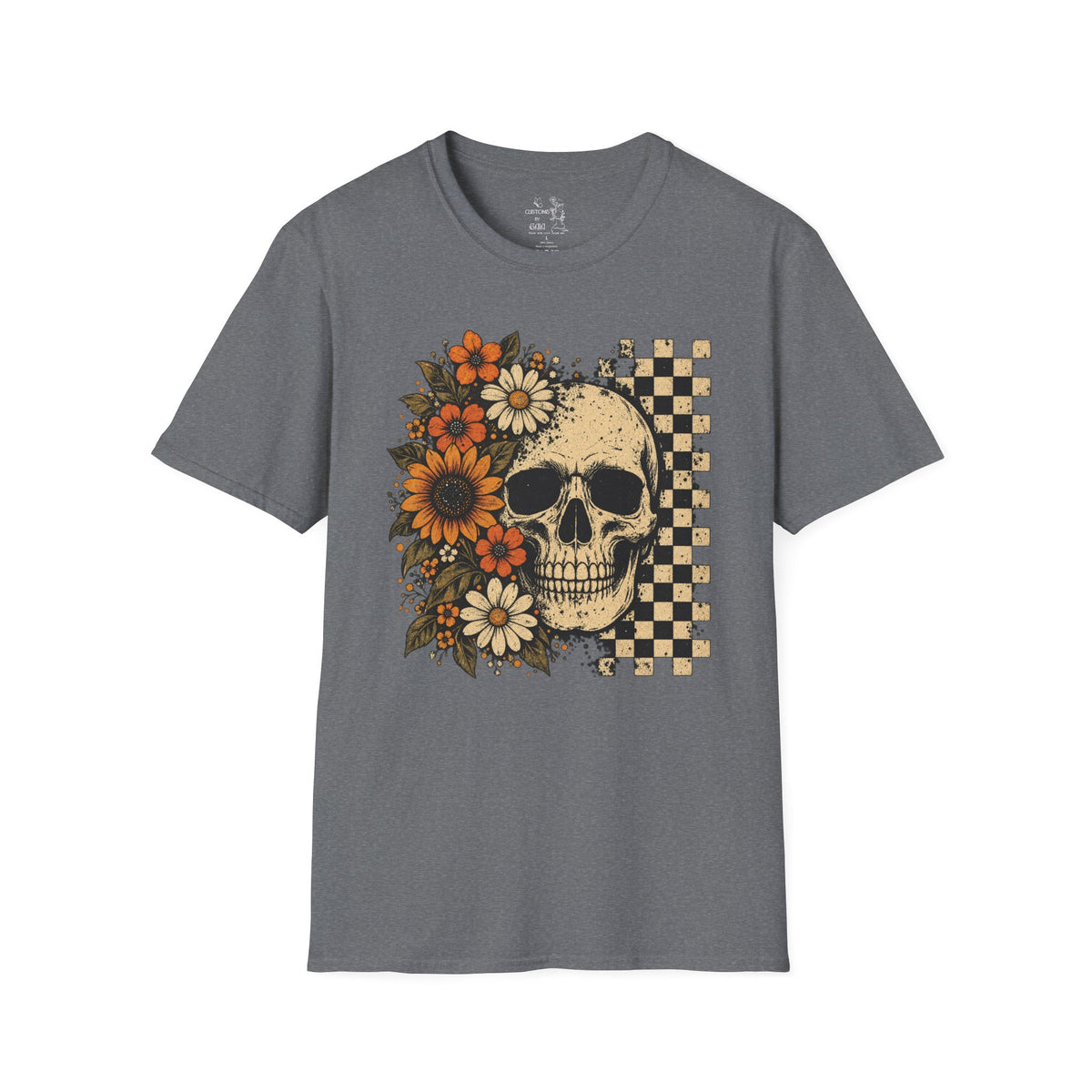 Floral Skull T-Shirt – Gothic Sunflower Checkerboard Design