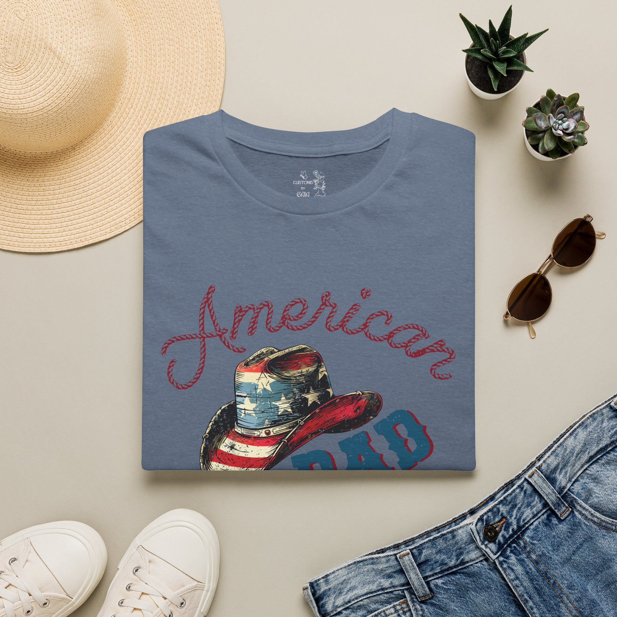 Patriotic “American Dad” Tee — Vintage Flag Cowboy Hat Dad T-Shirt