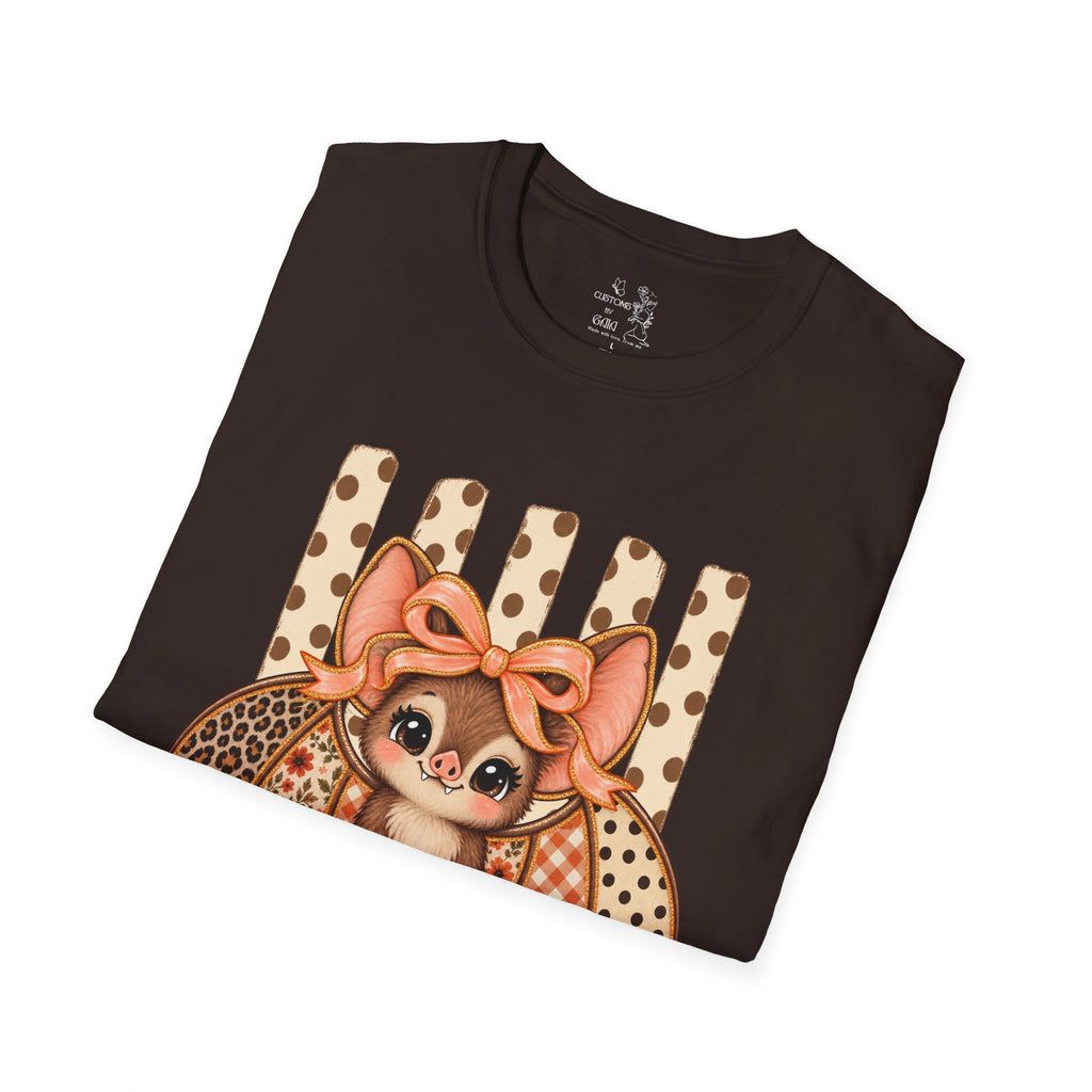 Cute Bat Tee — Adorable Bat with Bow Graphic T-Shirt (Leopard Striped Background)