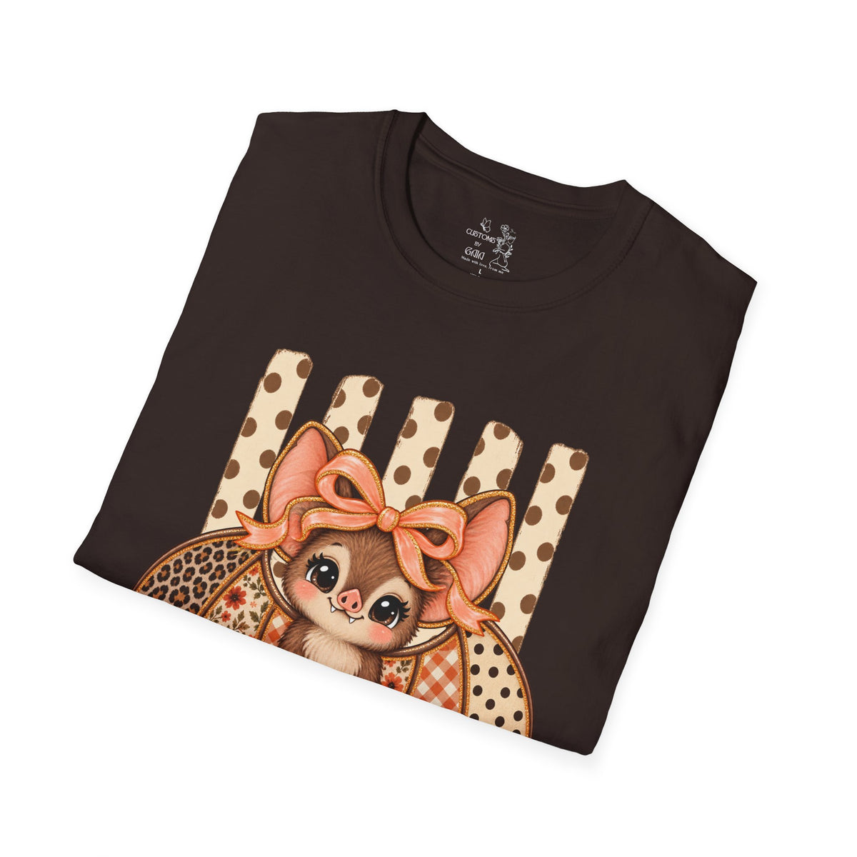 Cute Bat Tee — Adorable Bat with Bow Graphic T-Shirt (Leopard Striped Background)