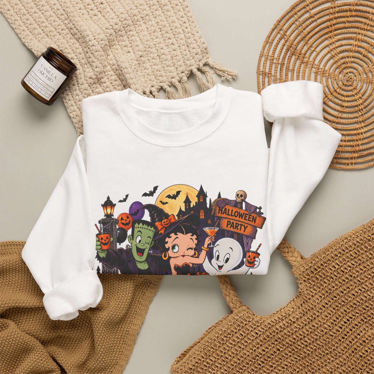 Halloween Betty Boop Crewneck Sweatshirt — Retro Spooky Cartoon Graphic
