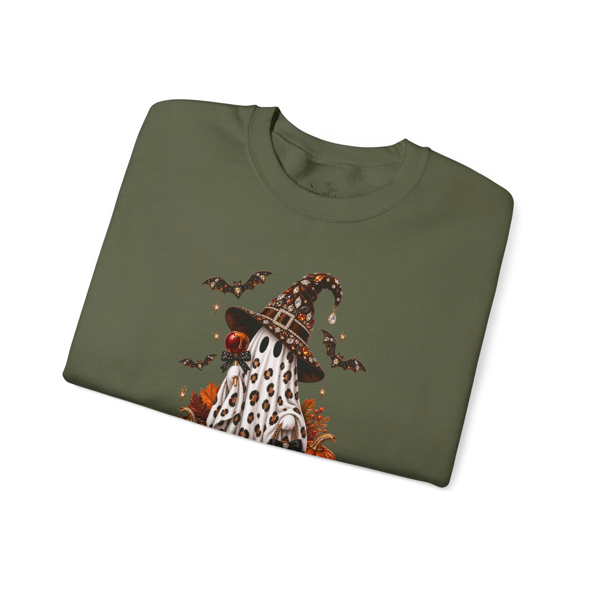 Halloween Ghost Sweatshirt – Spooky Gnome with Witch Hat, Pumpkins & Bats Crewneck