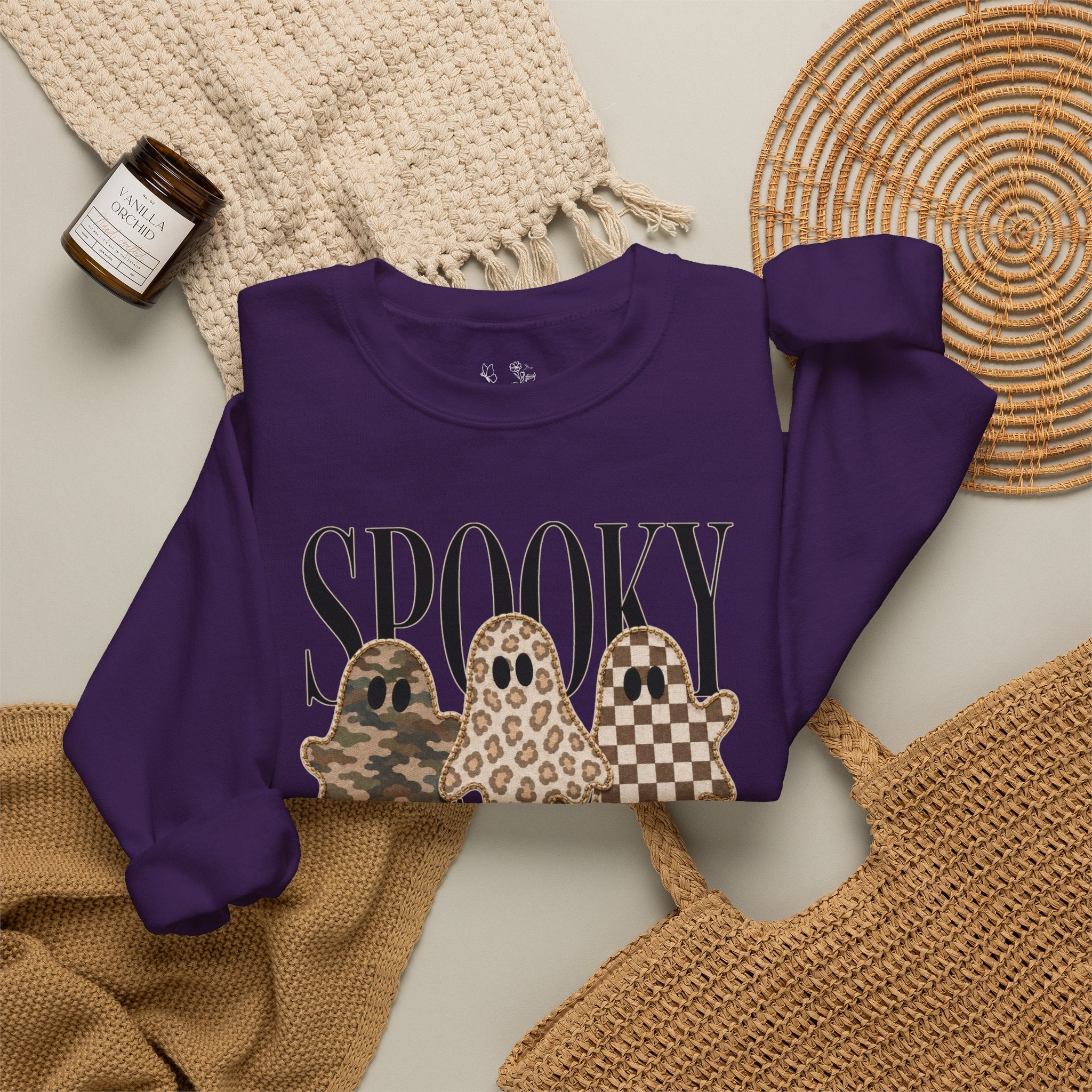Spooky Season Ghosts Sweatshirt — Neutral Plaid & Camo Halloween Crewneck