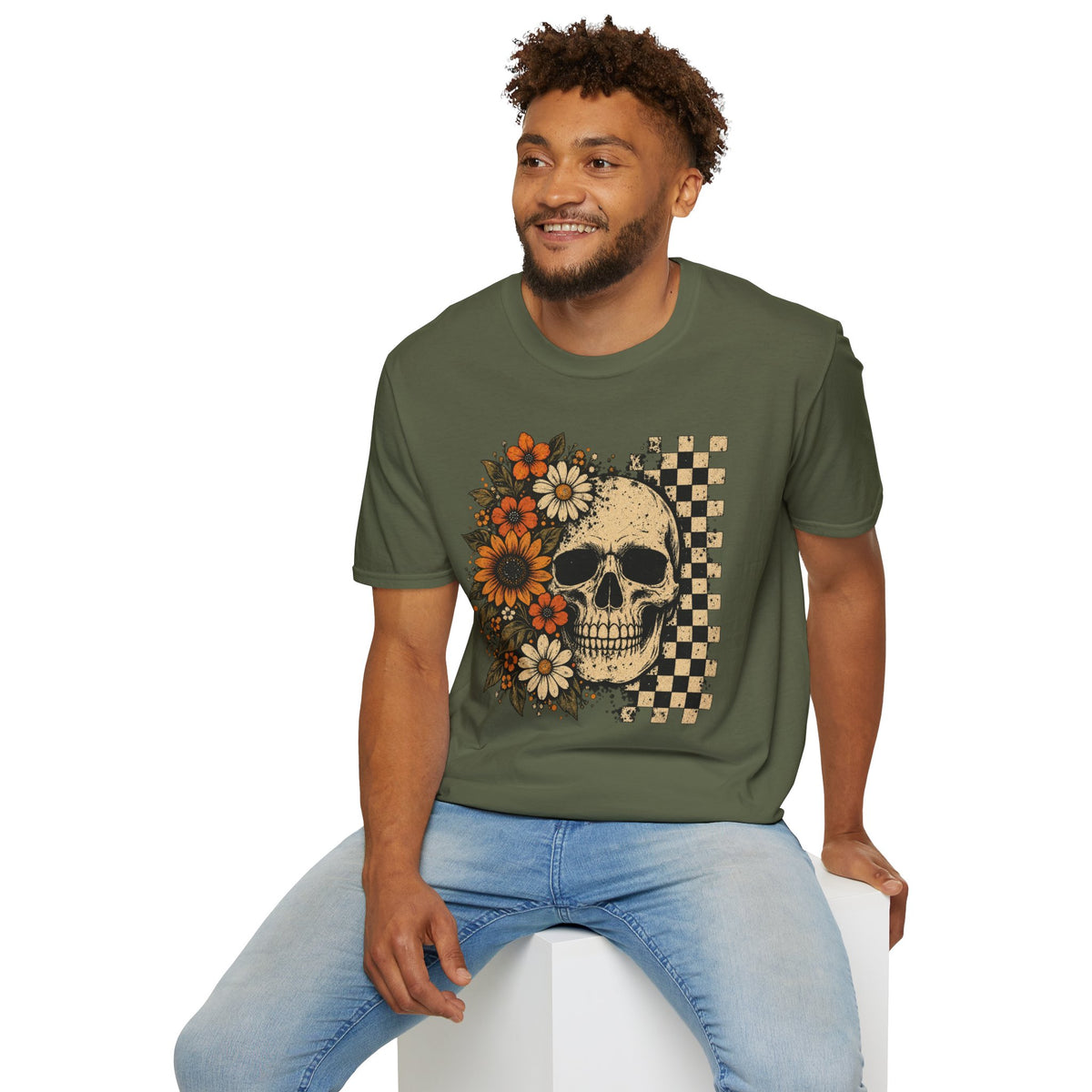 Floral Skull T-Shirt – Gothic Sunflower Checkerboard Design