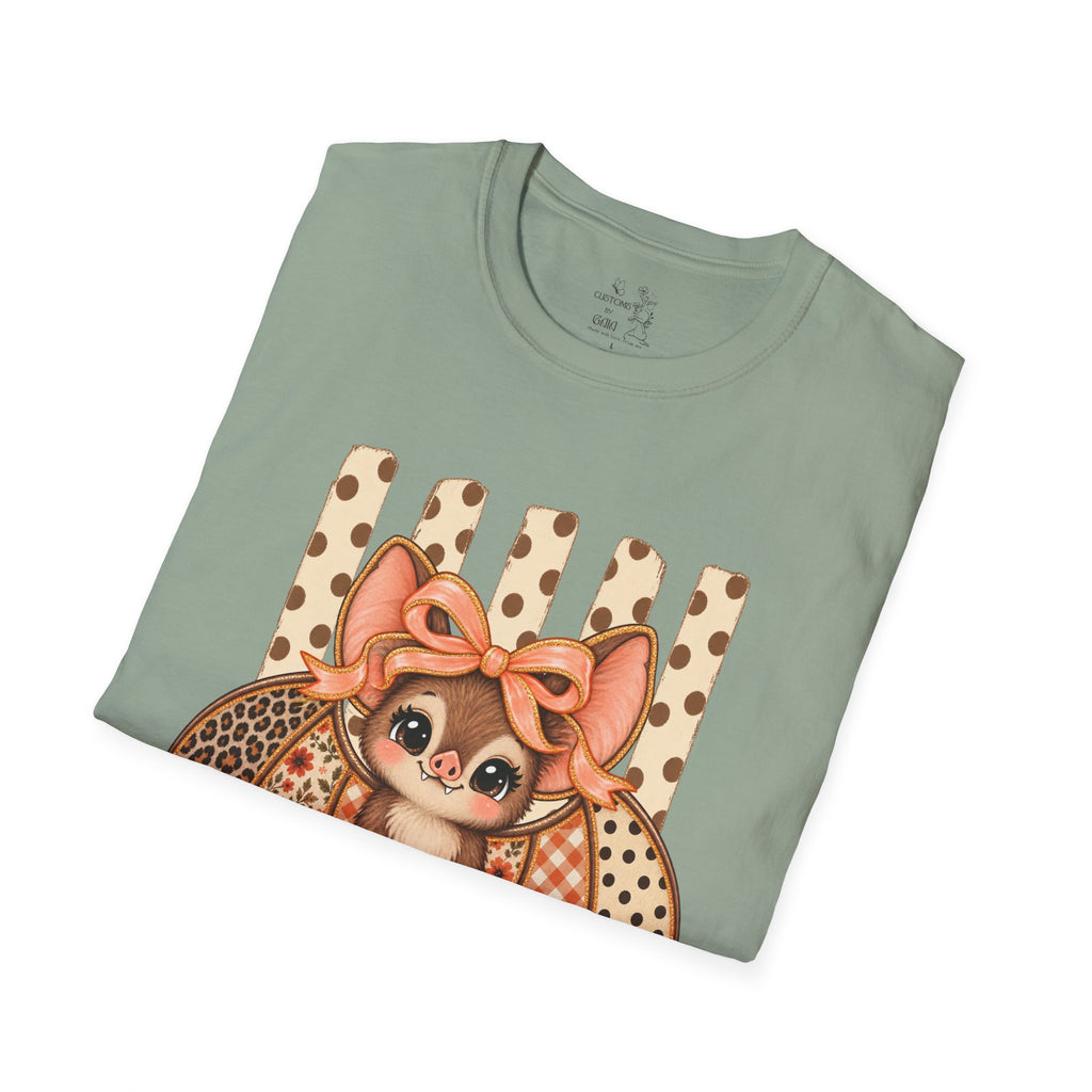 Cute Bat Tee — Adorable Bat with Bow Graphic T-Shirt (Leopard Striped Background)