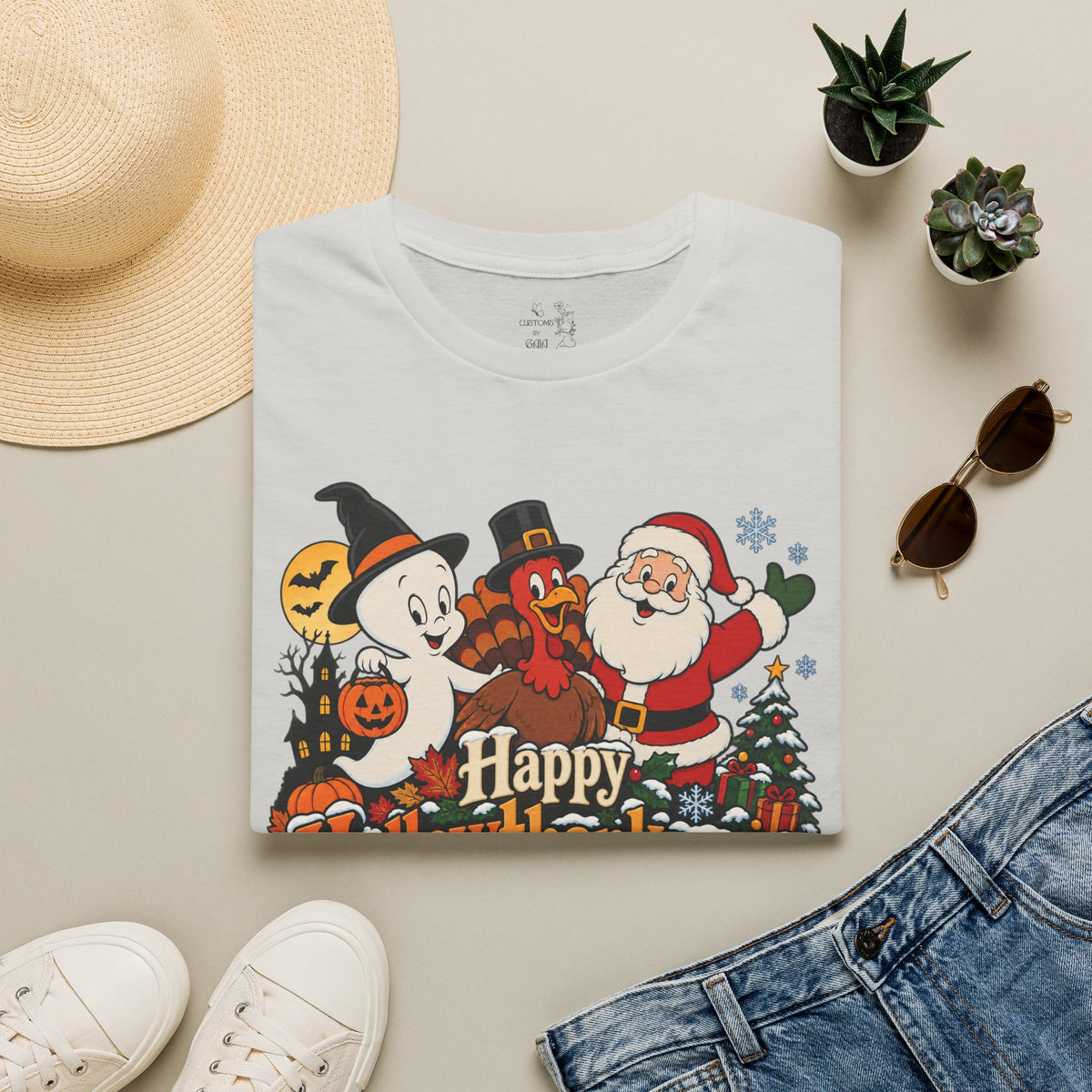 Halloween Thanksgiving Christmas Mashup Tee — "Happy HallowThanksMas This Year"