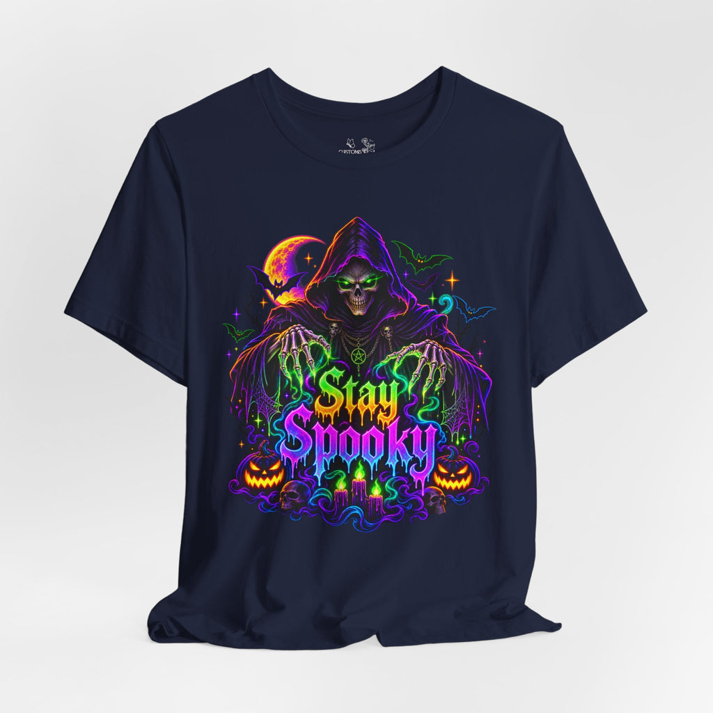 Stay Spooky Halloween Tee — Neon Grim Reaper & Haunted Castle Graphic T-Shirt