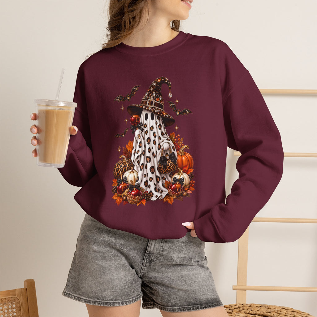 Halloween Ghost Sweatshirt – Spooky Gnome with Witch Hat, Pumpkins & Bats Crewneck