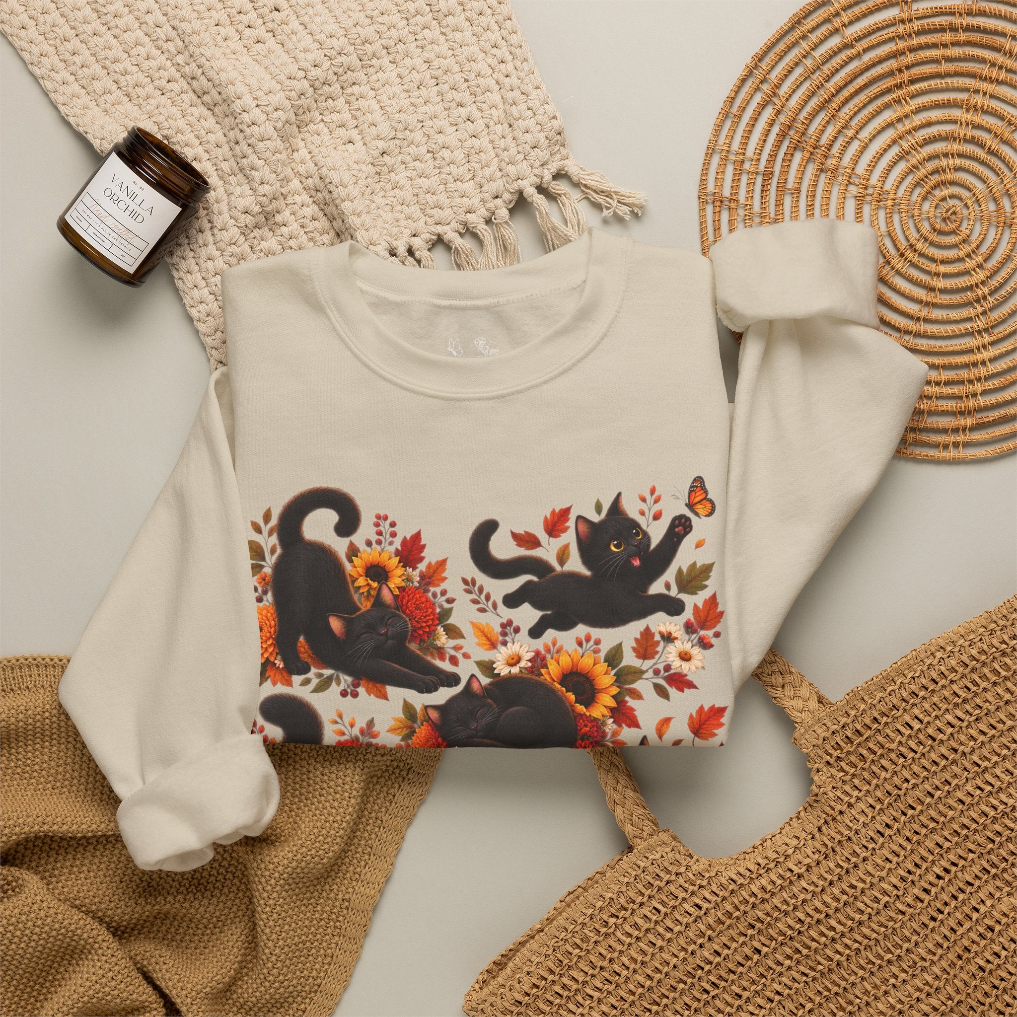 Autumn Black Cats Crewneck Sweatshirt — Fall Floral Halloween Cat Design
