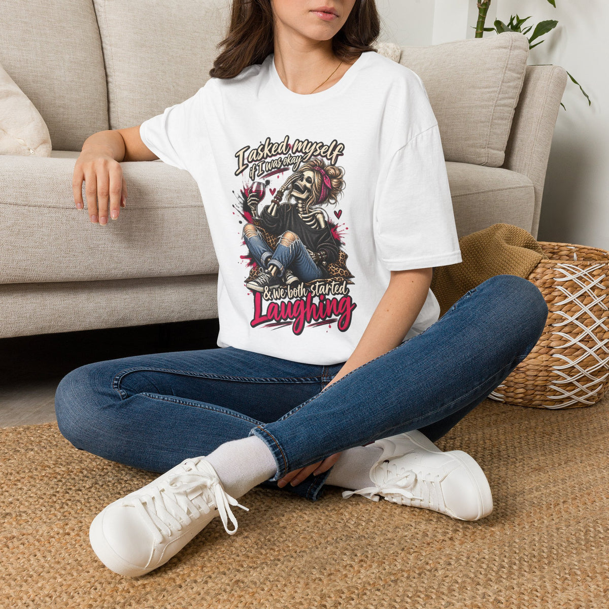 Graphic T-Shirt — "I Asked Myself If I Was Okay" Skeleton Girl Funny Dark Humor Tee
