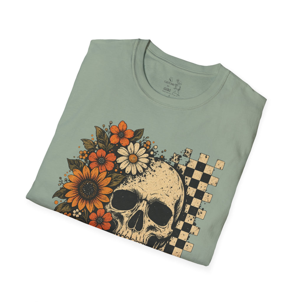Floral Skull T-Shirt – Gothic Sunflower Checkerboard Design