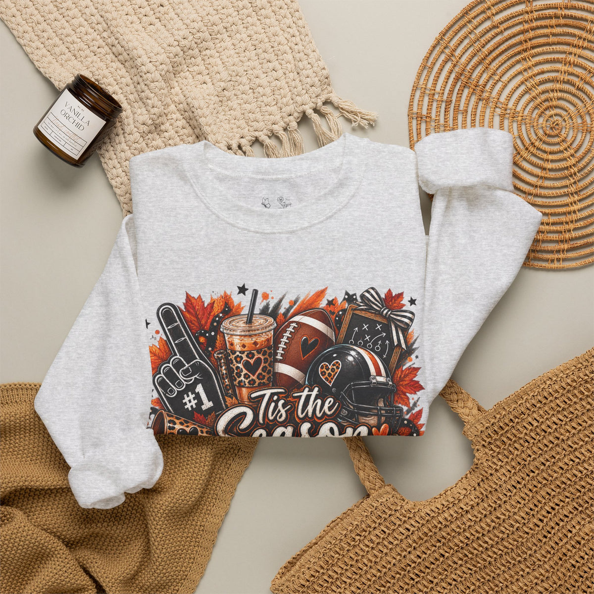 Tis the Season Fall Sweatshirt - Cozy Autumn Leaves & Football Crewneck