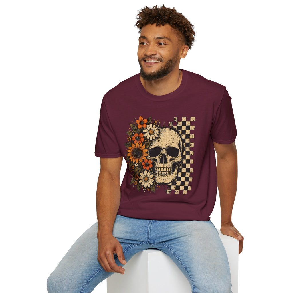 Floral Skull T-Shirt – Gothic Sunflower Checkerboard Design