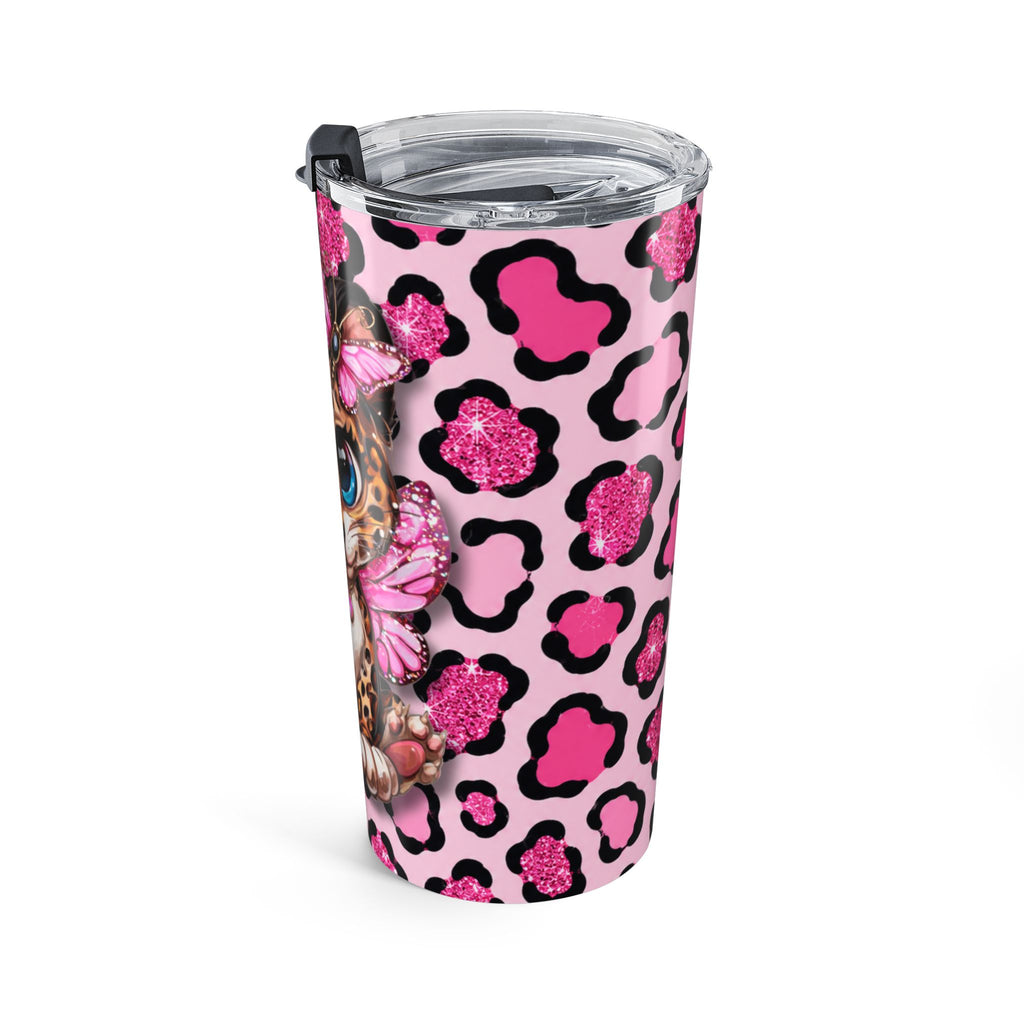 20oz Pink Leopard Print Tumbler with Cute Baby Leopard & Butterflies