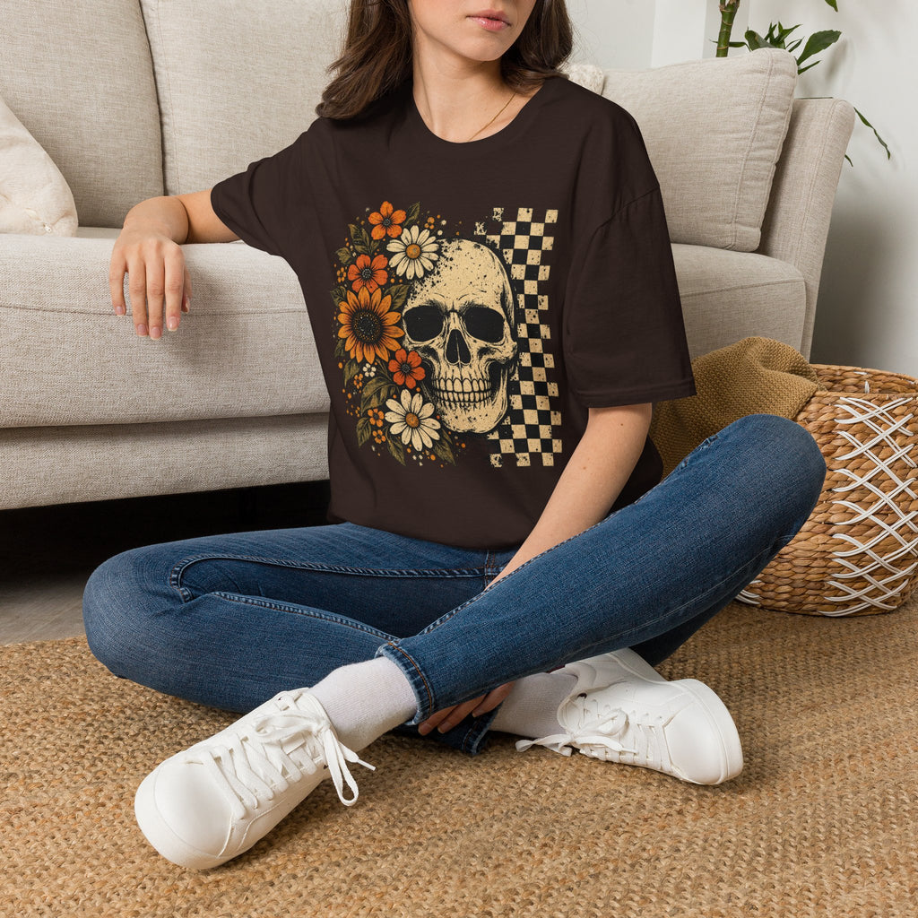 Floral Skull T-Shirt – Gothic Sunflower Checkerboard Design