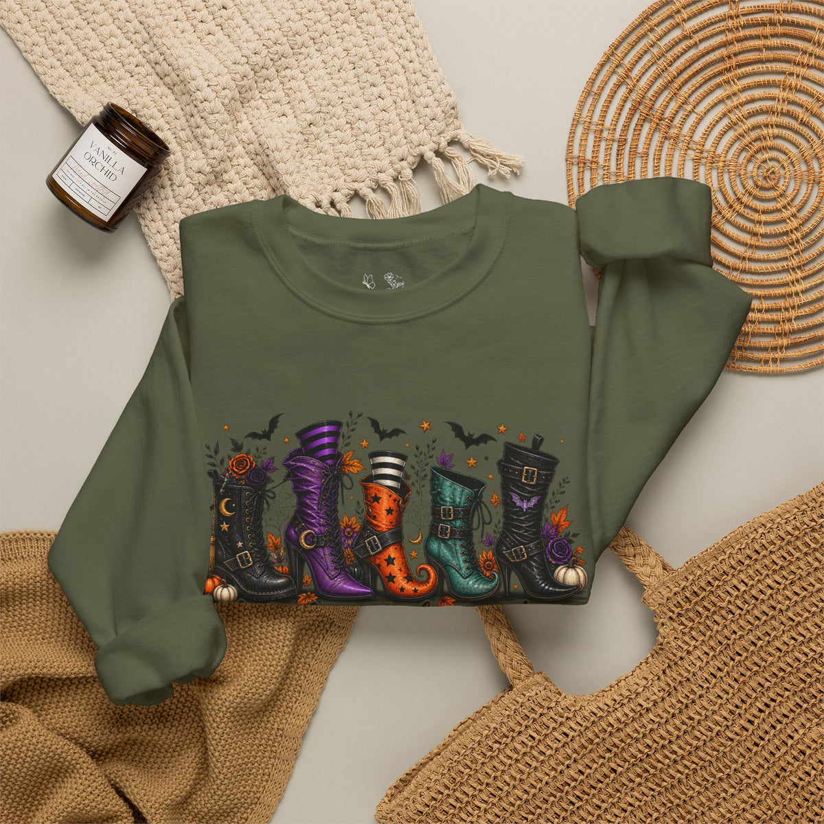 Witch Boots Crewneck Sweatshirt — "A Girl's Gotta Have Options" Halloween Pullover