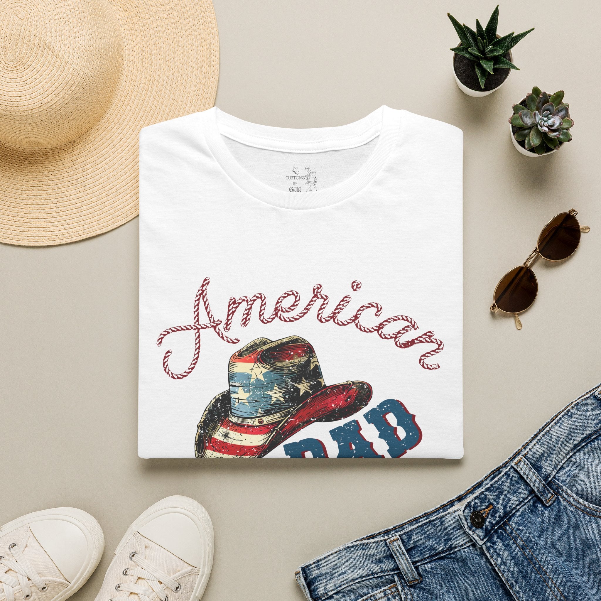 Patriotic “American Dad” Tee — Vintage Flag Cowboy Hat Dad T-Shirt