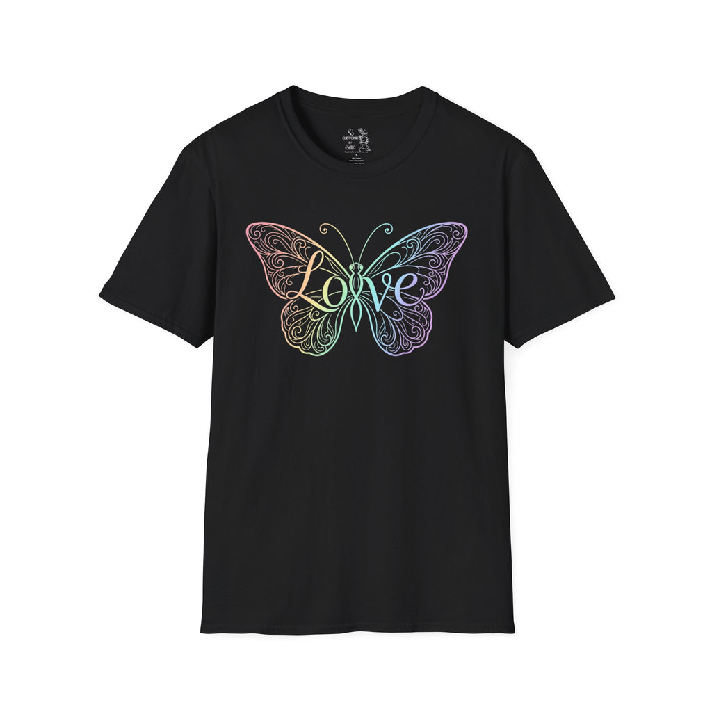Butterfly "Love" T-Shirt — Pastel Rainbow Filigree Design
