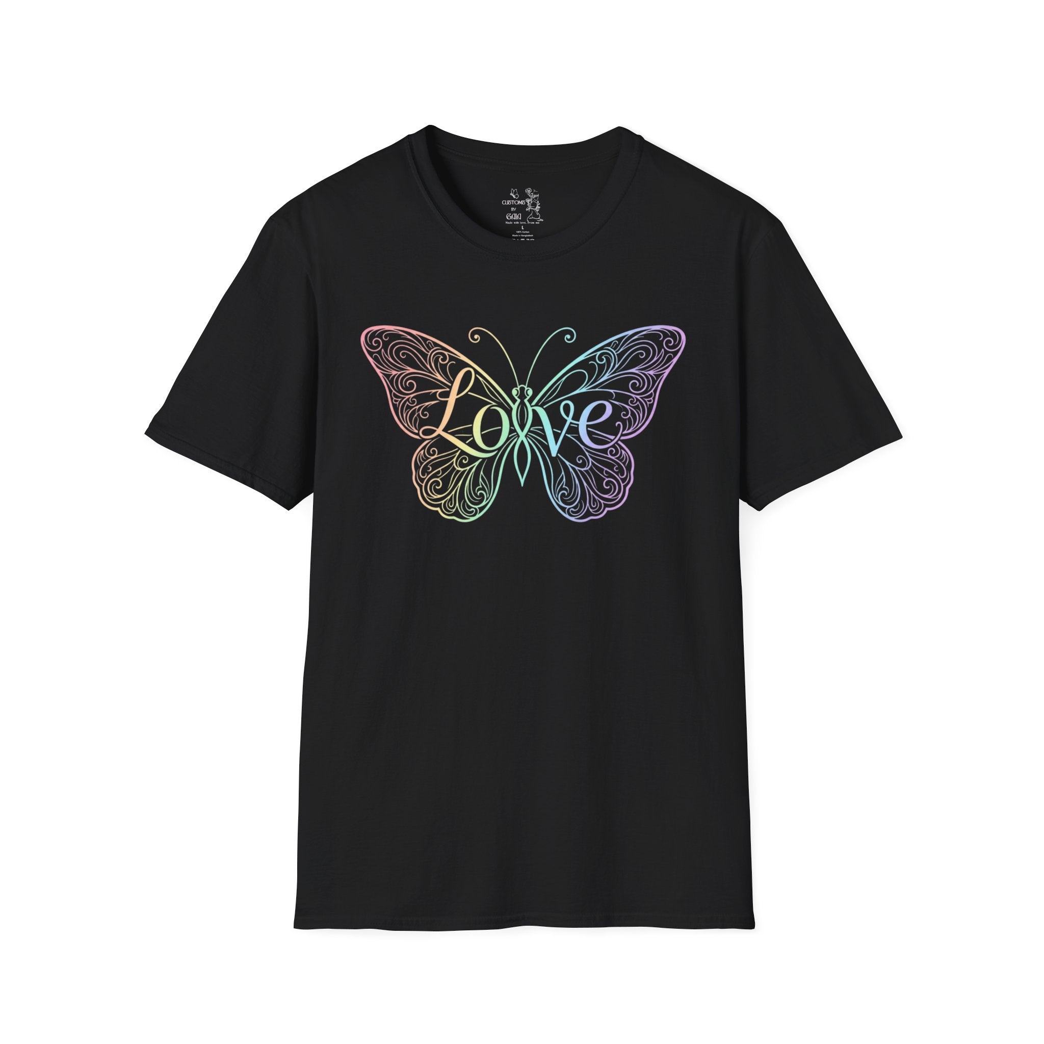 Butterfly "Love" T-Shirt — Pastel Rainbow Filigree Design