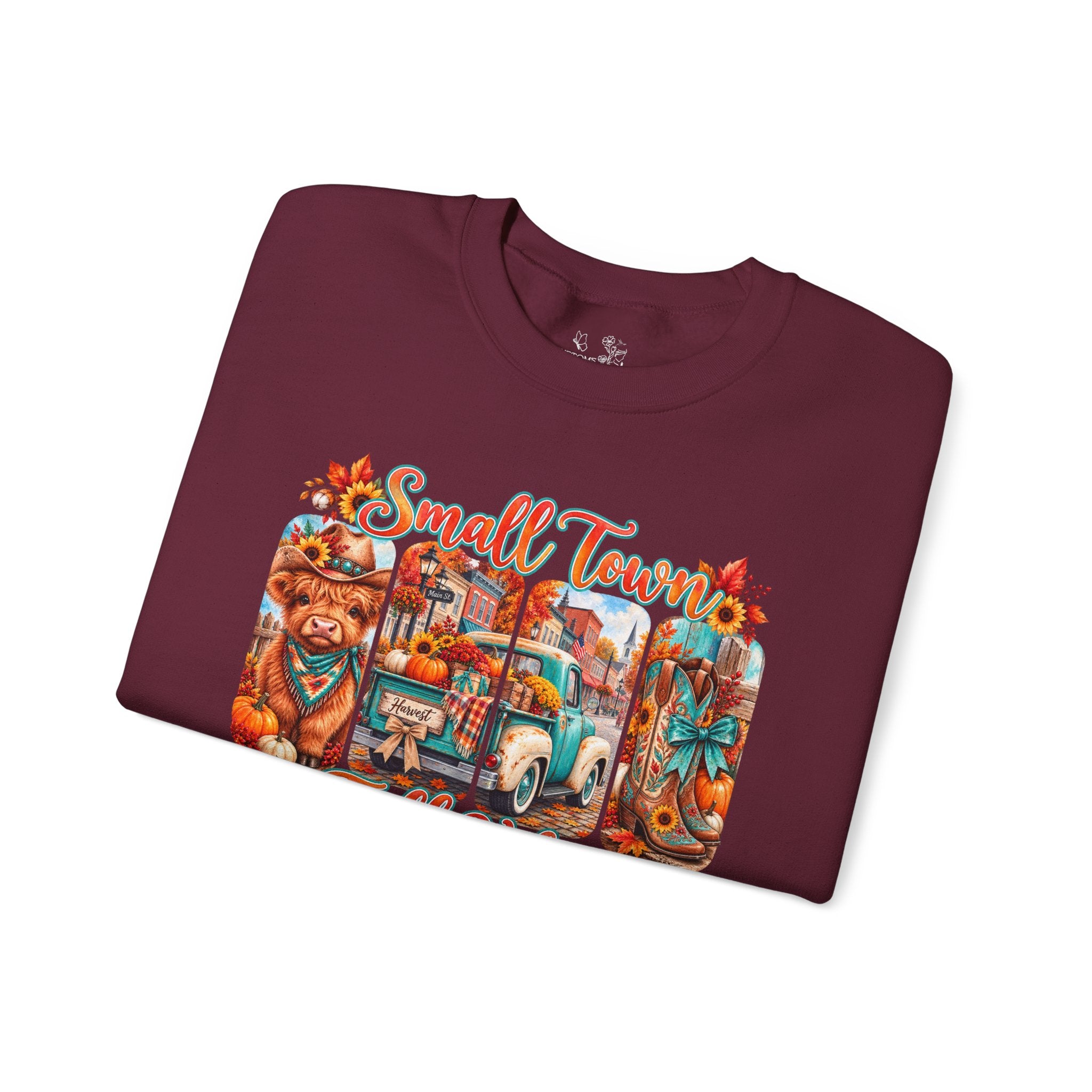 Fall Vibes Crewneck Sweatshirt - "Small Town Fall Vibes" Retro Autumn Graphic