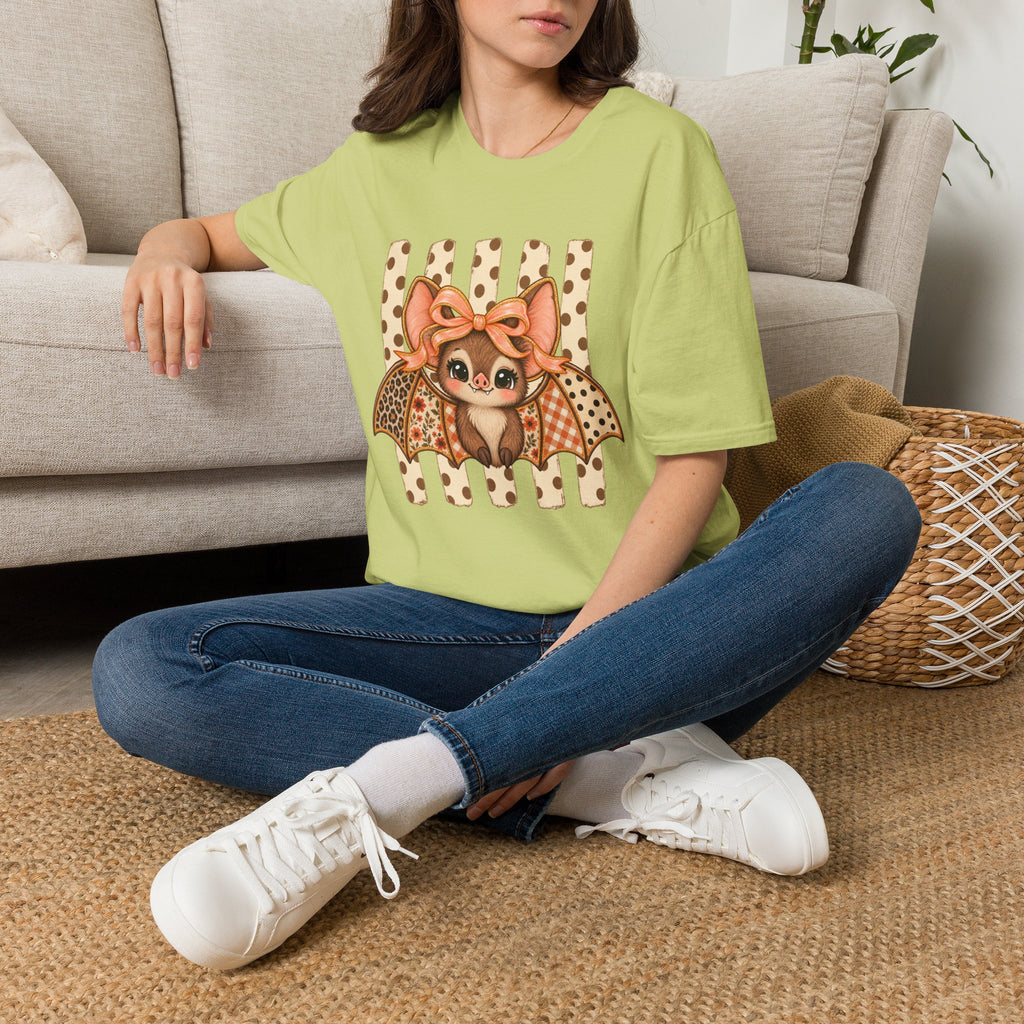 Cute Bat Tee — Adorable Bat with Bow Graphic T-Shirt (Leopard Striped Background)