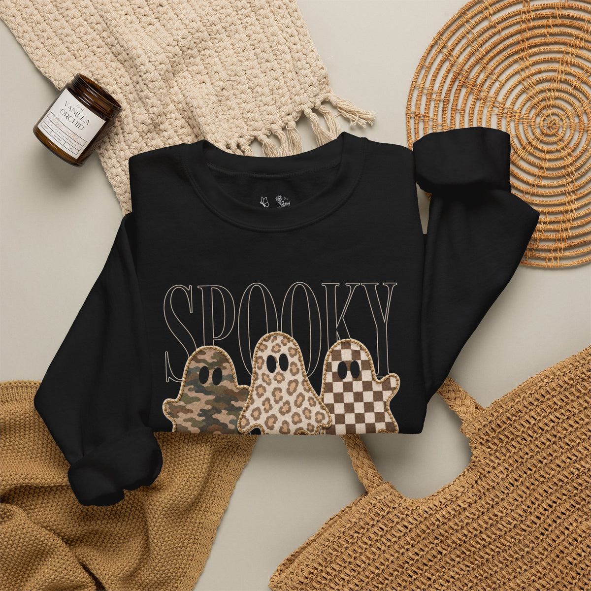 Spooky Season Ghosts Sweatshirt — Neutral Plaid & Camo Halloween Crewneck